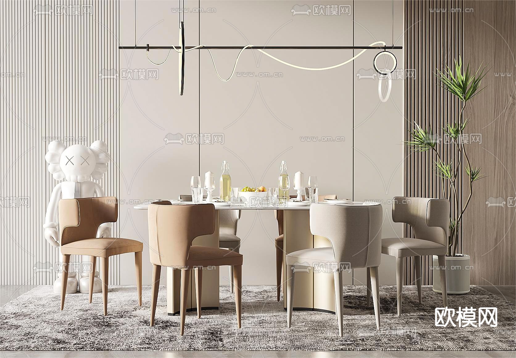 奶油风餐桌椅3d模型下载