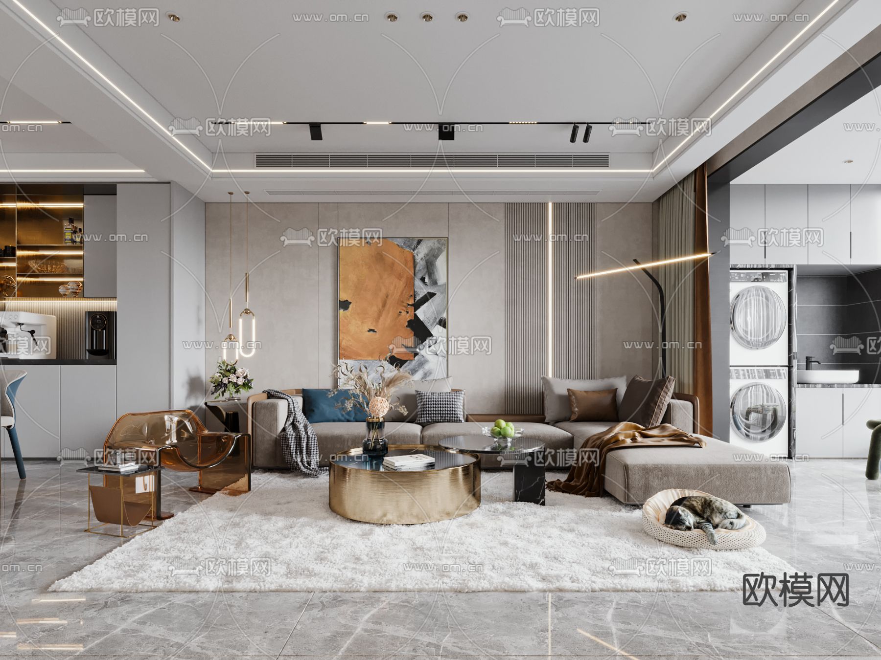 现代别墅客餐厅3d模型下载（渲染图1）