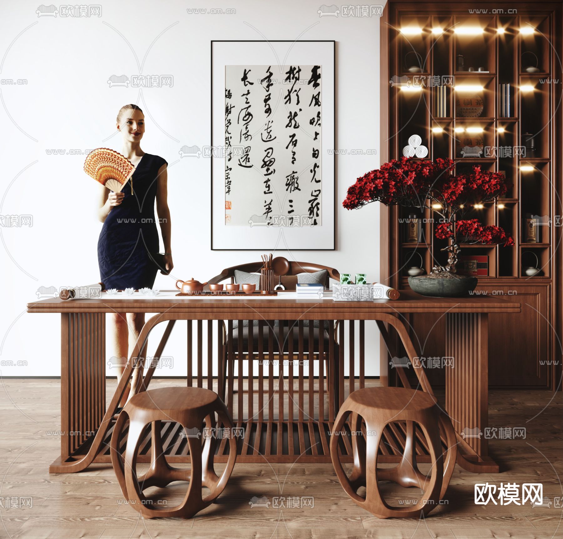 新中式茶桌椅3d模型下载