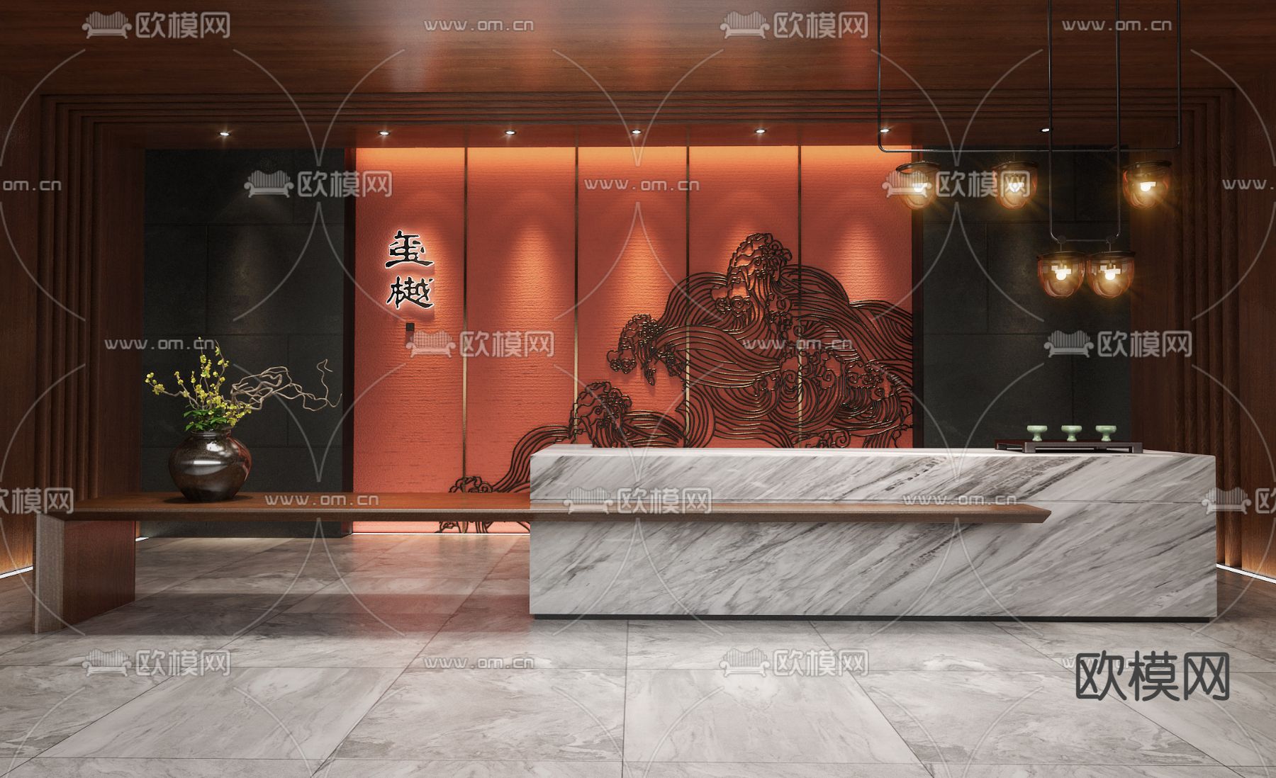 创时空设计 新中式大理石服务台su模型下载