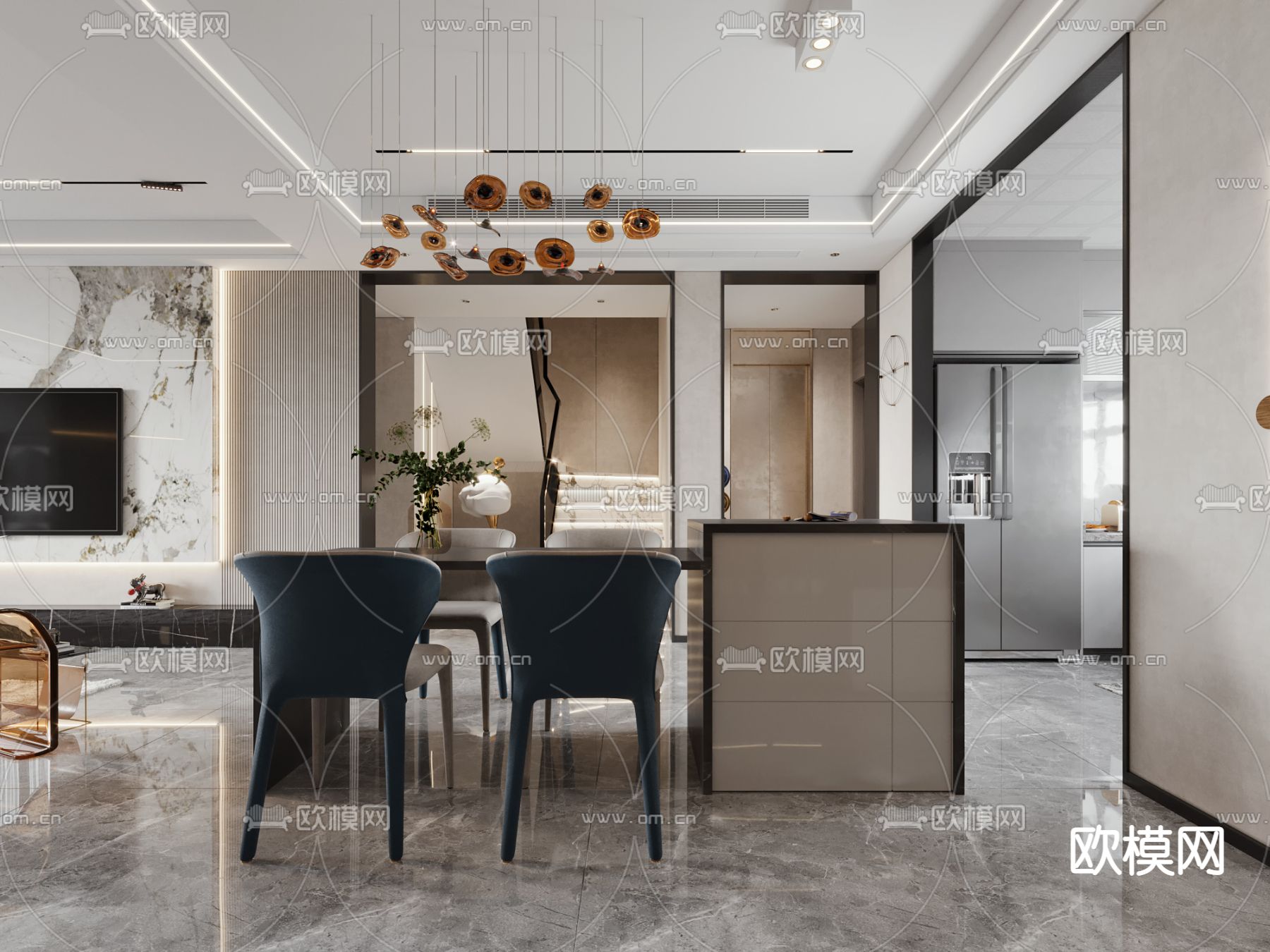 现代别墅客餐厅3d模型下载（渲染图4）