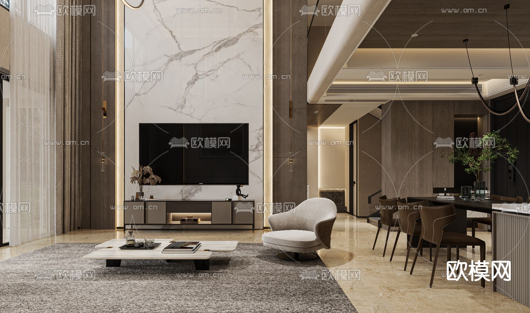 奶油风客餐厅3d模型下载（渲染图2）