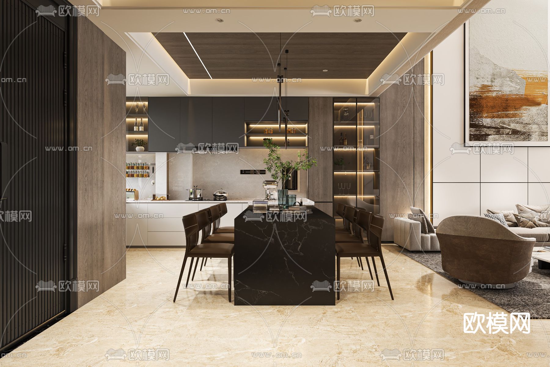 奶油风客餐厅3d模型下载（渲染图4）