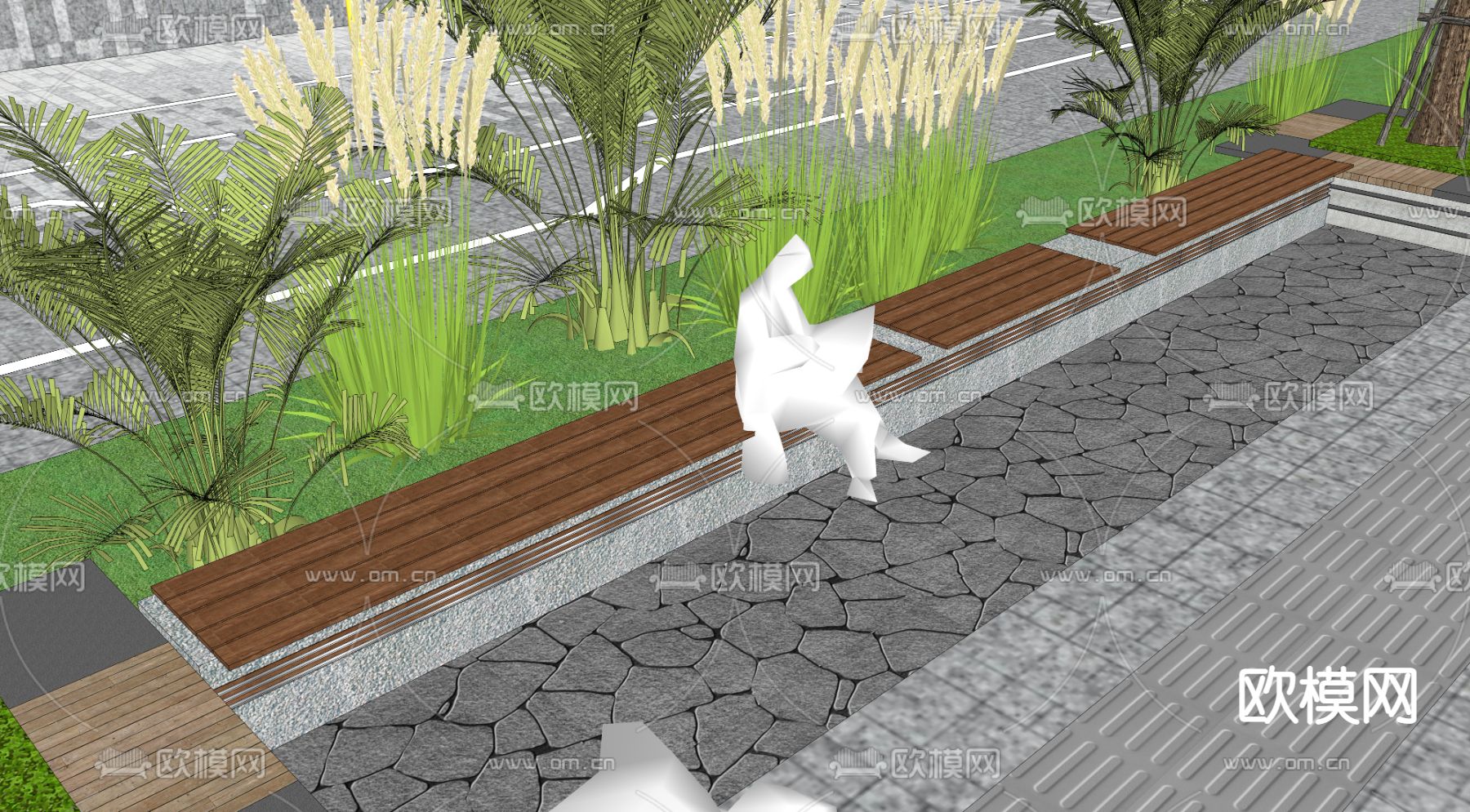 景观坐凳 户外木质座椅子su模型下载（渲染图2）