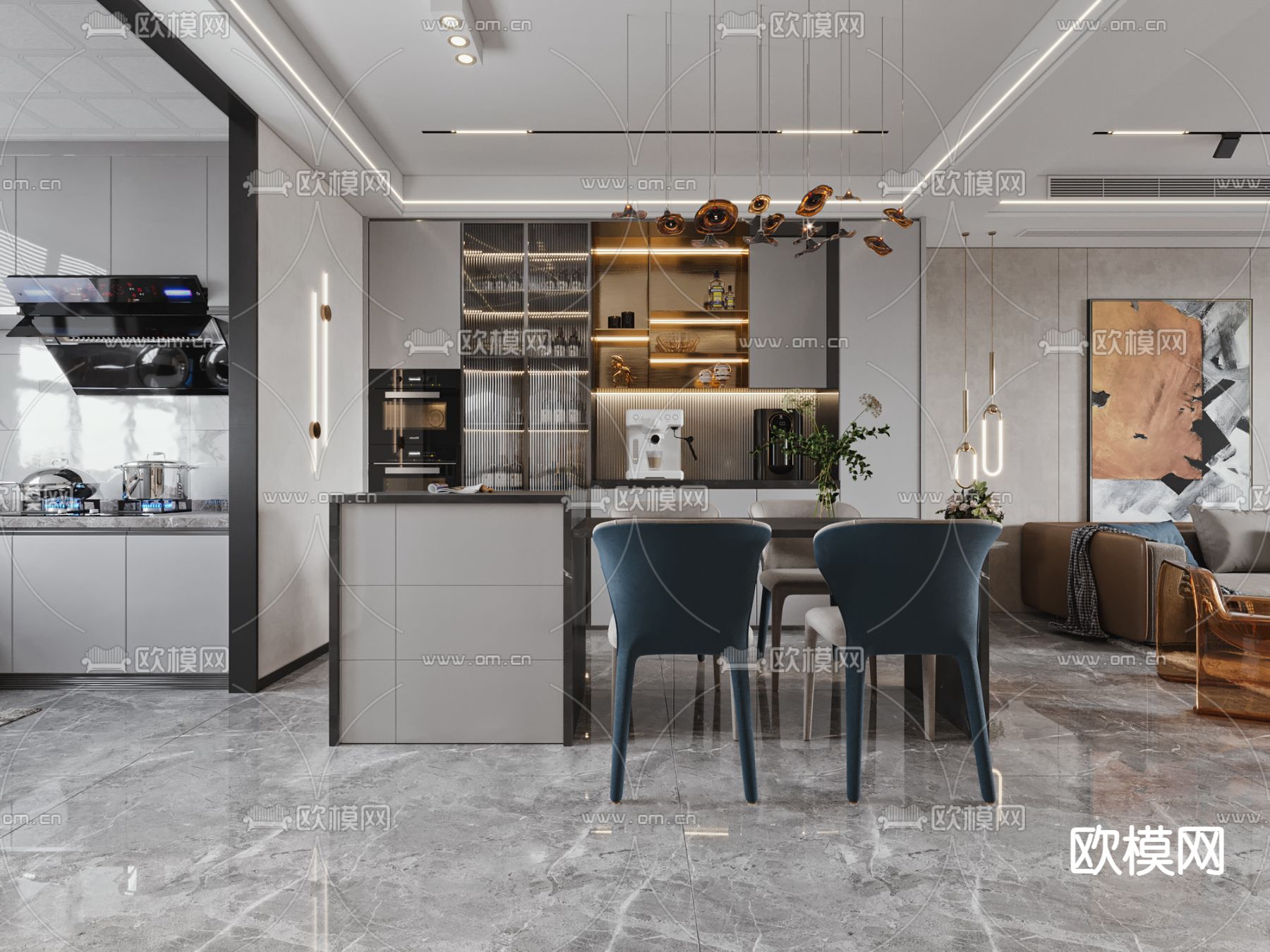 现代别墅客餐厅3d模型下载（渲染图2）