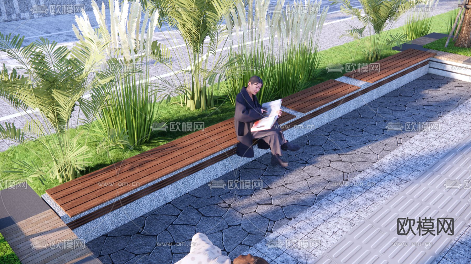 景观坐凳 户外木质座椅子su模型下载（渲染图1）