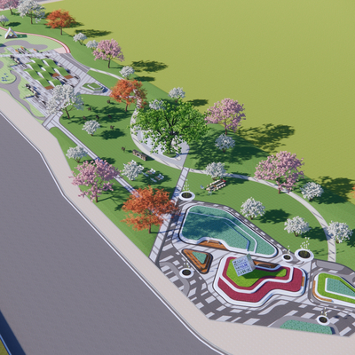  城市街边公园 鸟瞰规划su模型 