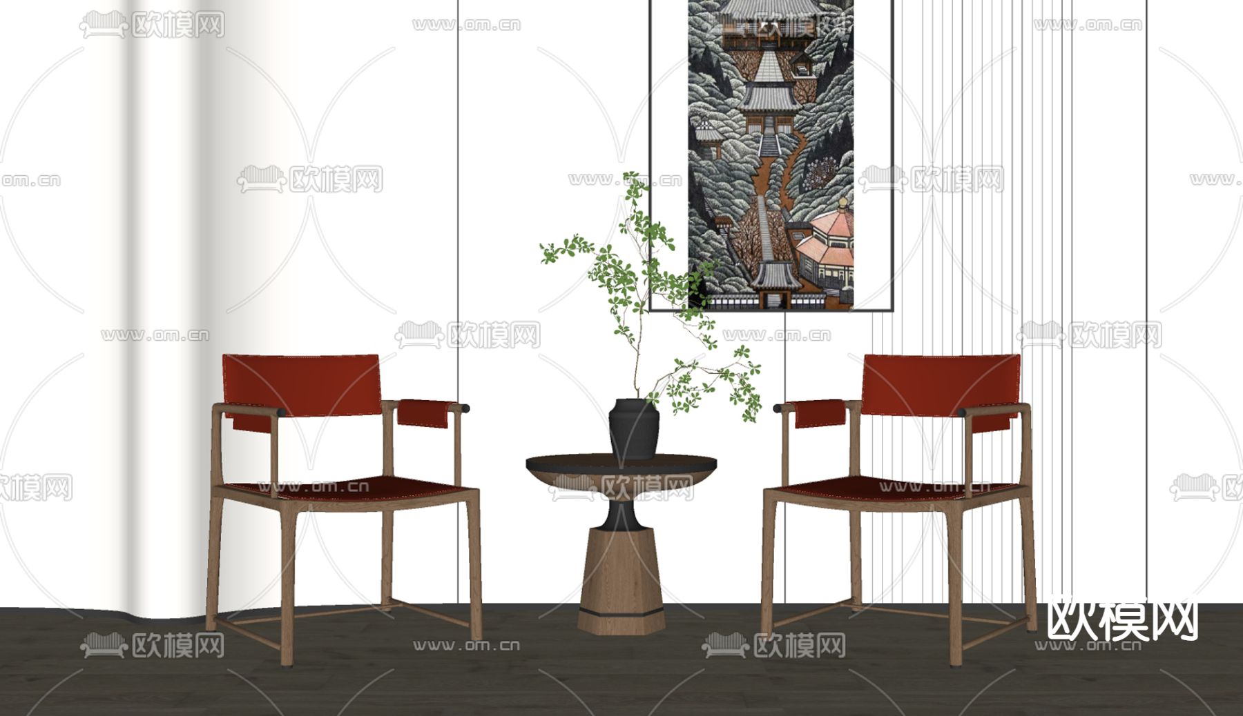 新中式休闲椅子su模型下载（渲染图2）