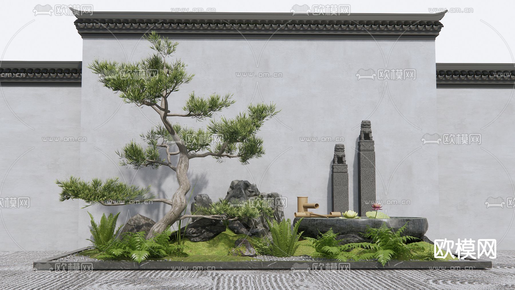新中式庭院松树景观3d模型下载_ID12275485_3dmax免费模型-欧模网
