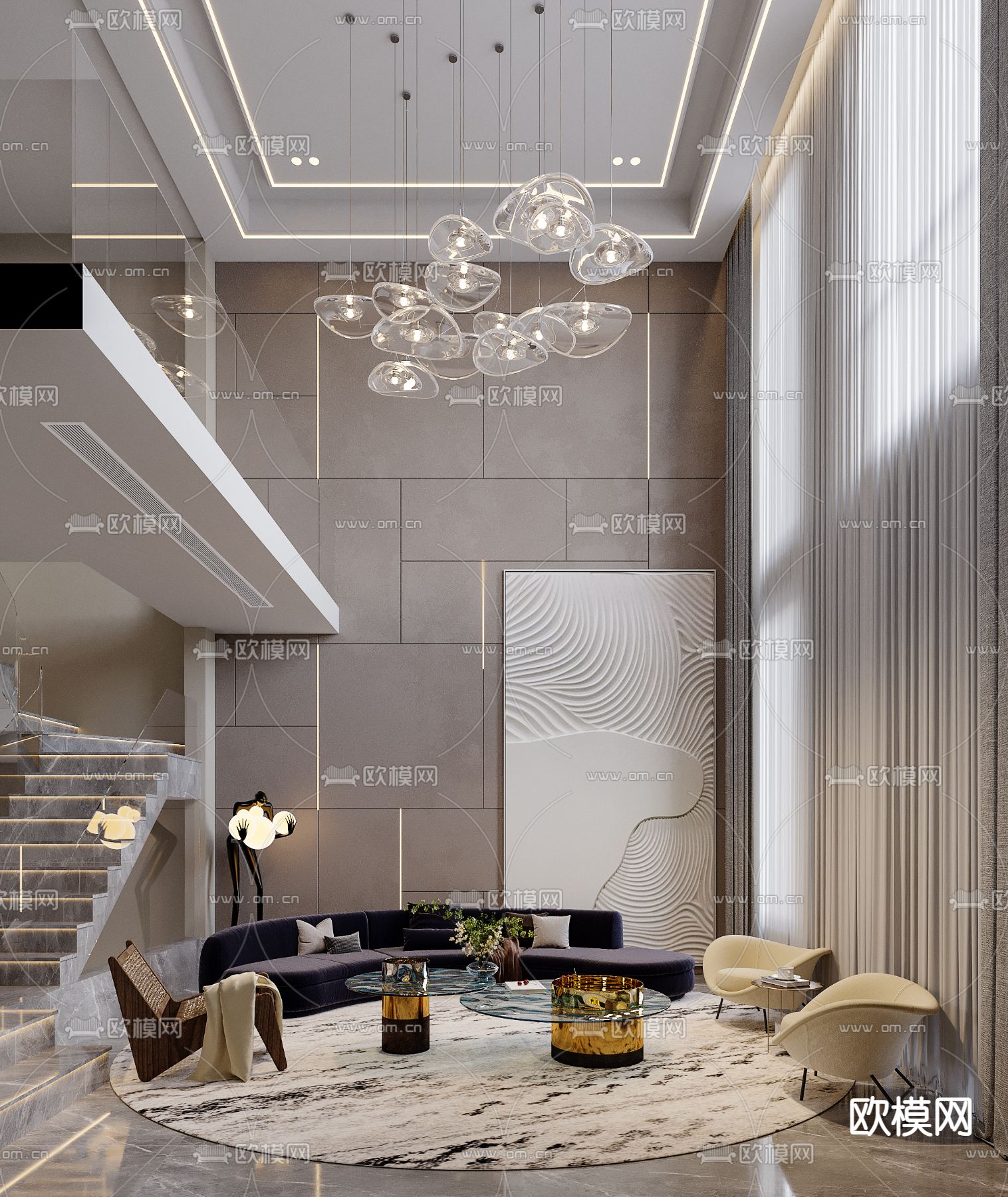 现代别墅客餐厅3d模型下载（渲染图6）