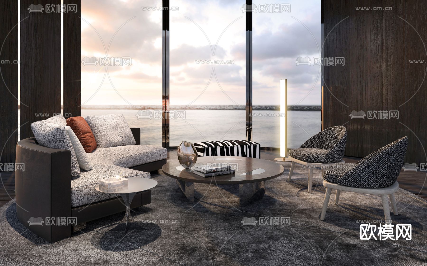 意大利Minotti品牌 现代弧形沙发组合su模型下载