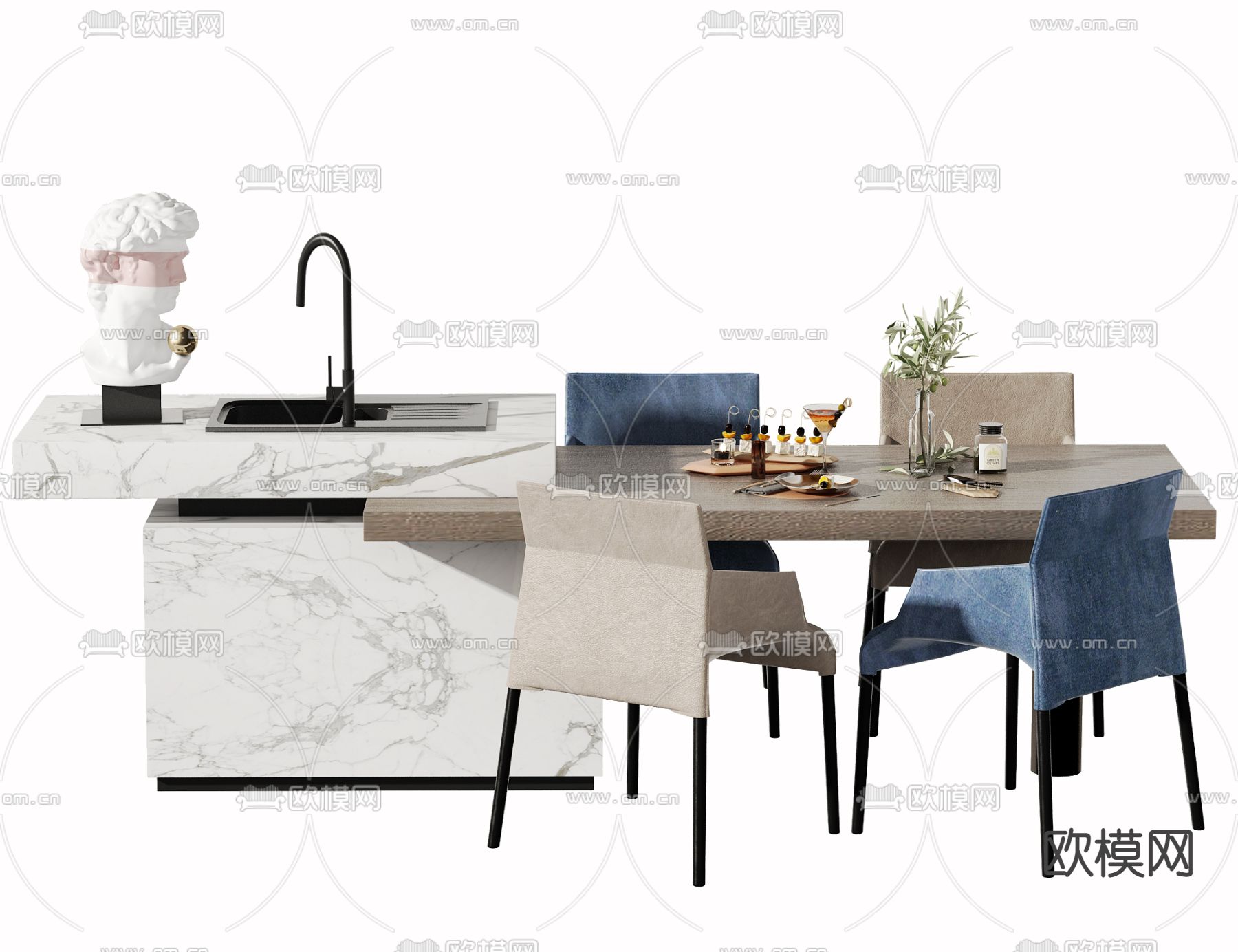 大理石岛台餐桌椅3d模型下载