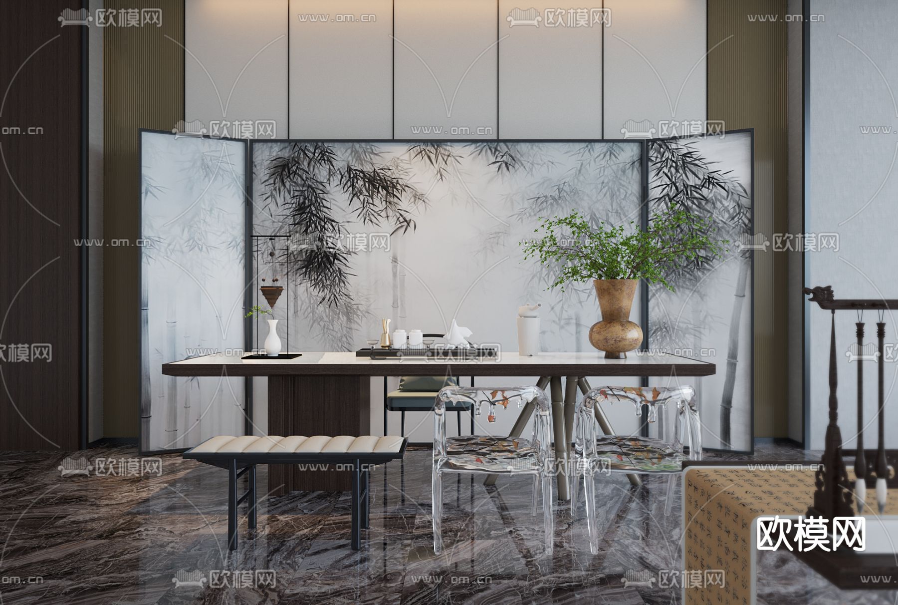 大朴设计 新中式实木泡茶桌椅su模型下载