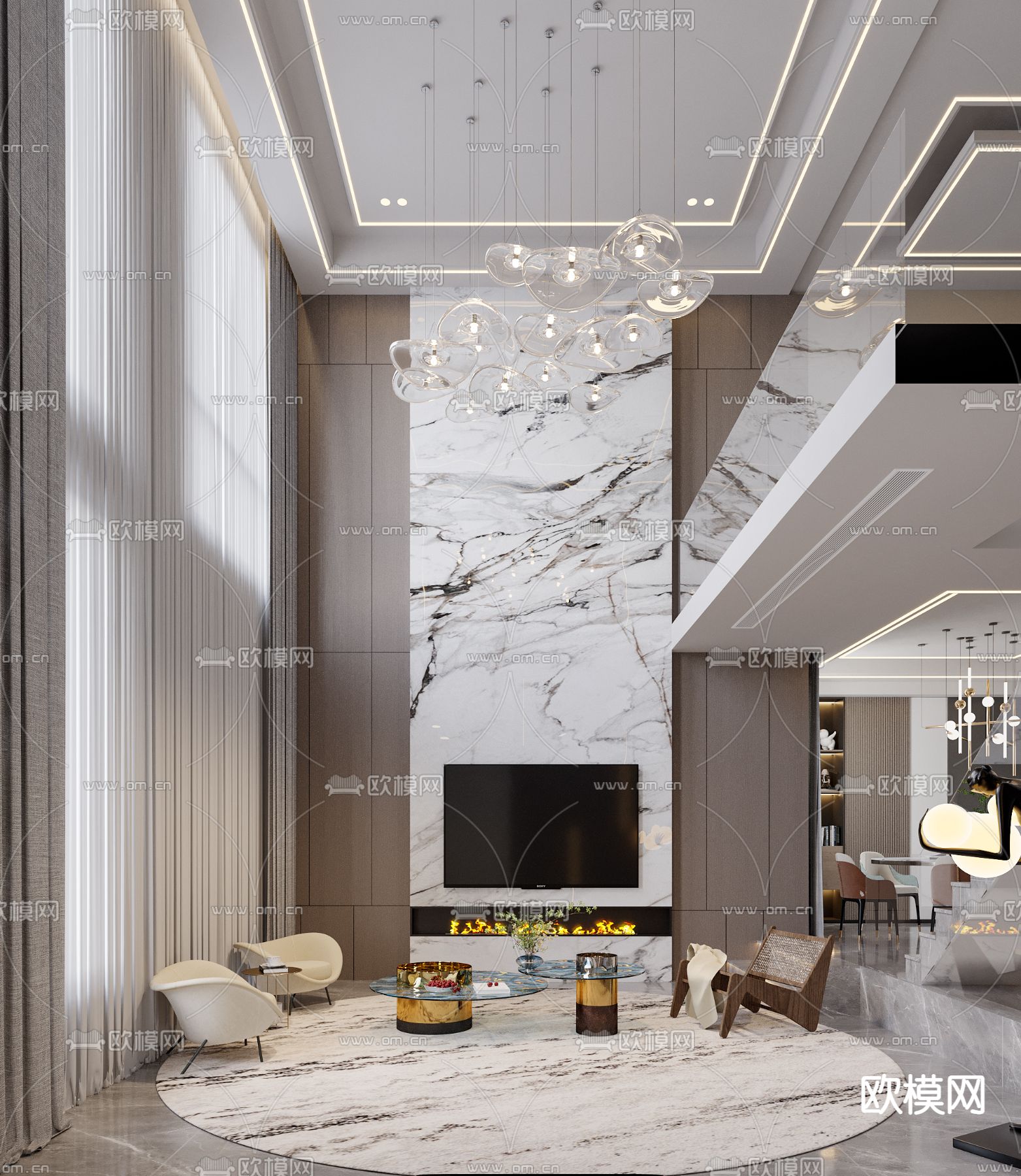 现代别墅客餐厅3d模型下载（渲染图1）