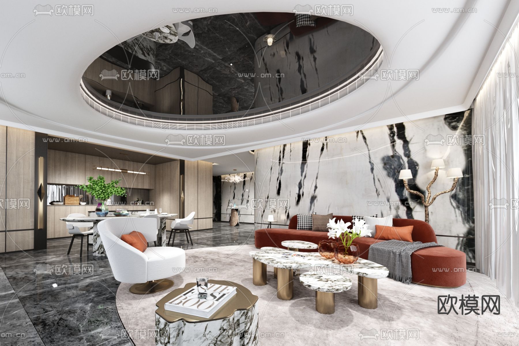 朴悦设计 后现代轻奢客餐厅su模型下载_ID12275533_sketchup模型下载-欧模网