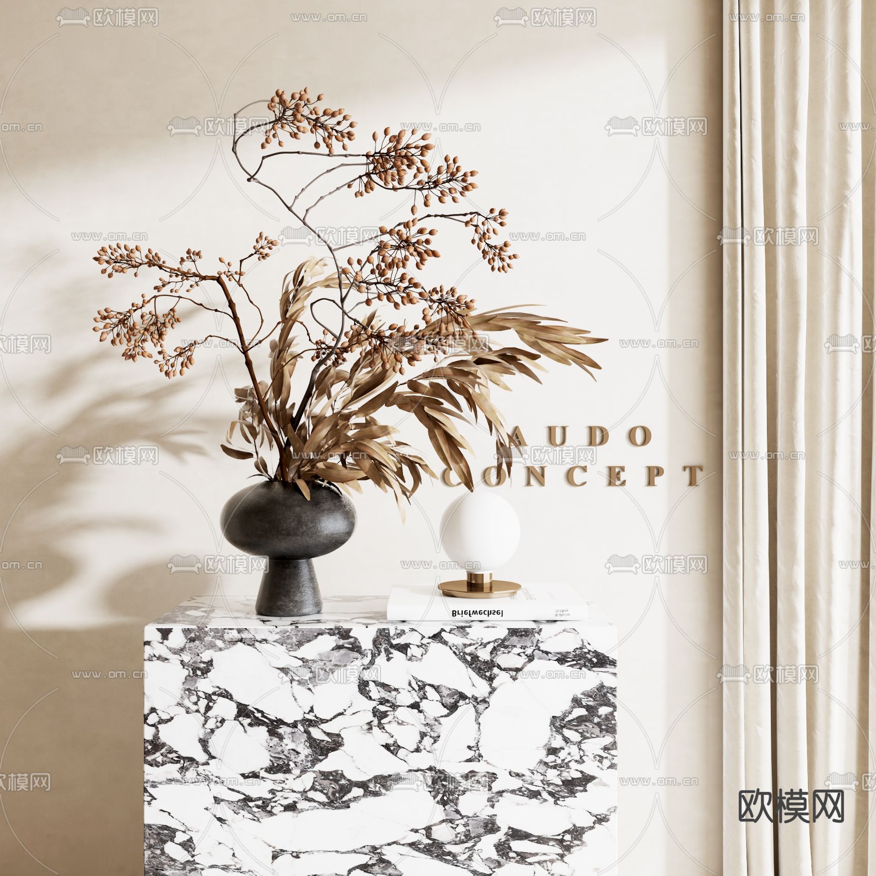 侘寂风干花 花瓶 花艺3d模型