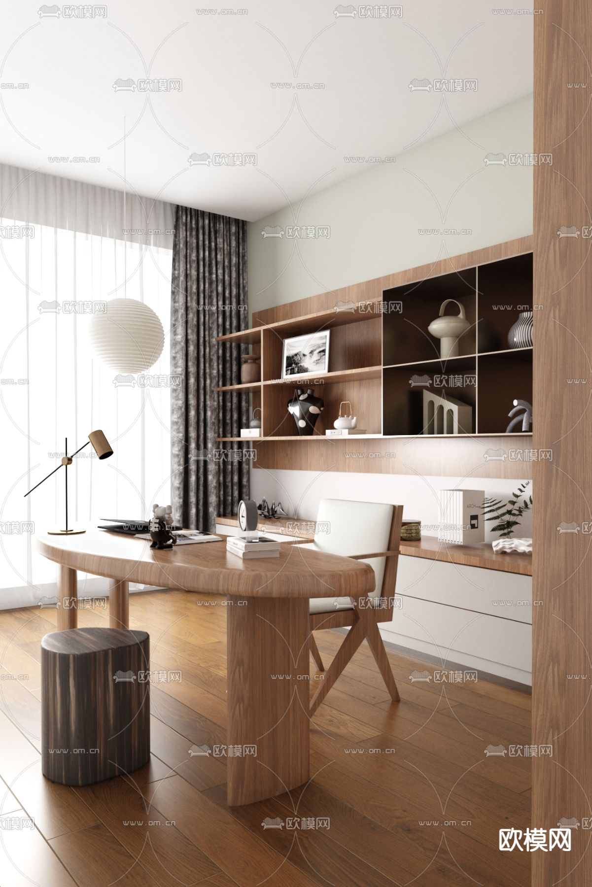 羽果设计 奶油风书房su模型下载