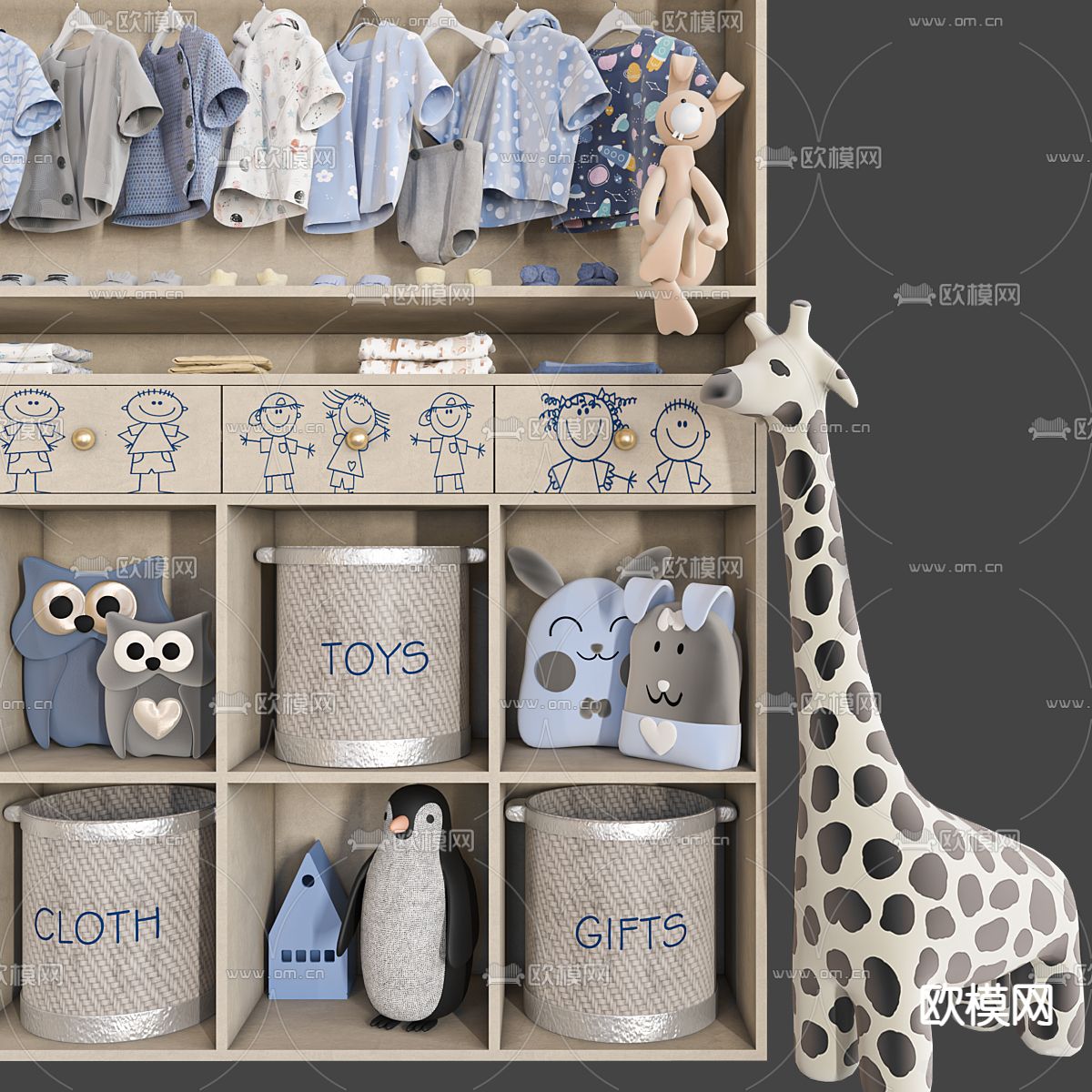 儿童衣柜 收纳柜 玩具3d模型下载（渲染图2）