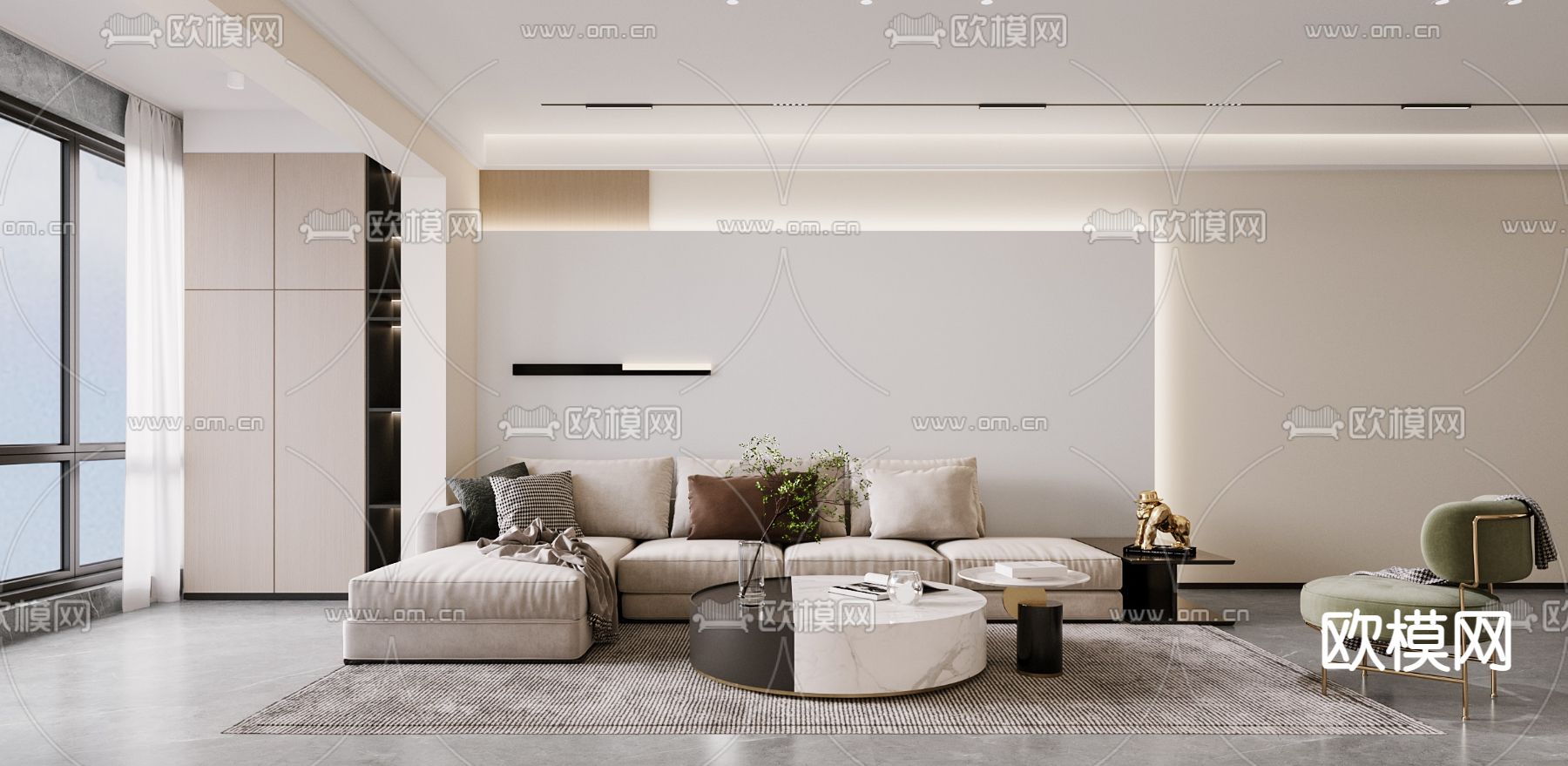 奶油风客餐厅3d模型下载（渲染图1）