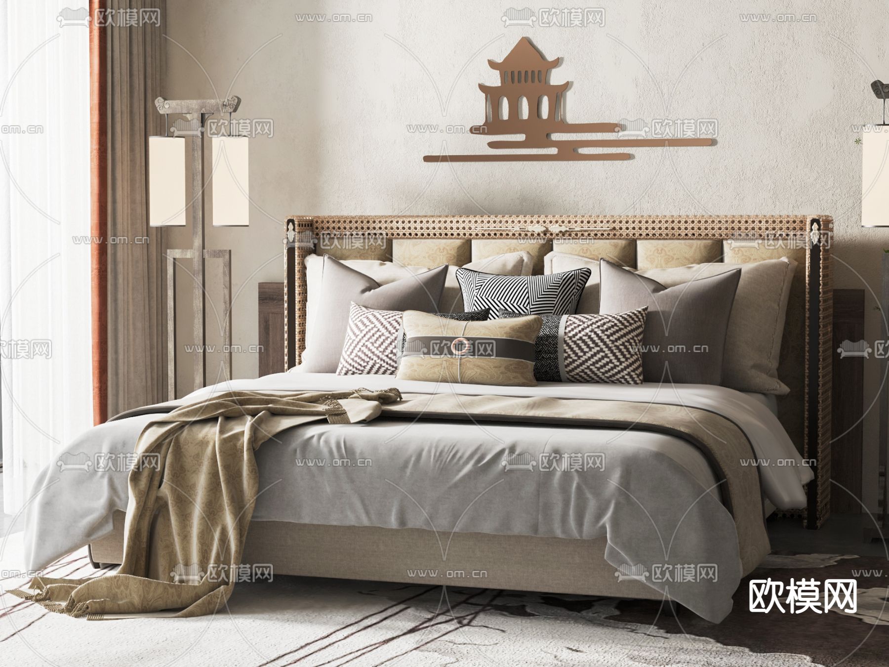 新中式双人床3d模型下载