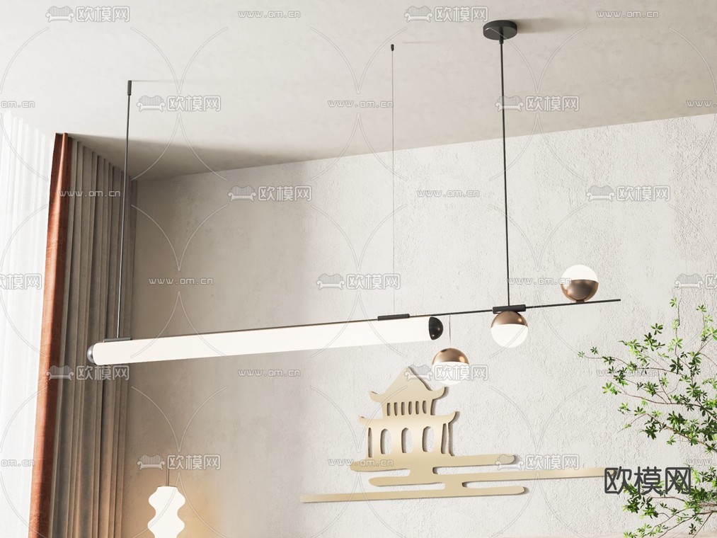 新中式长条吊灯3d模型下载_ID12276692_3dmax免费模型-欧模网