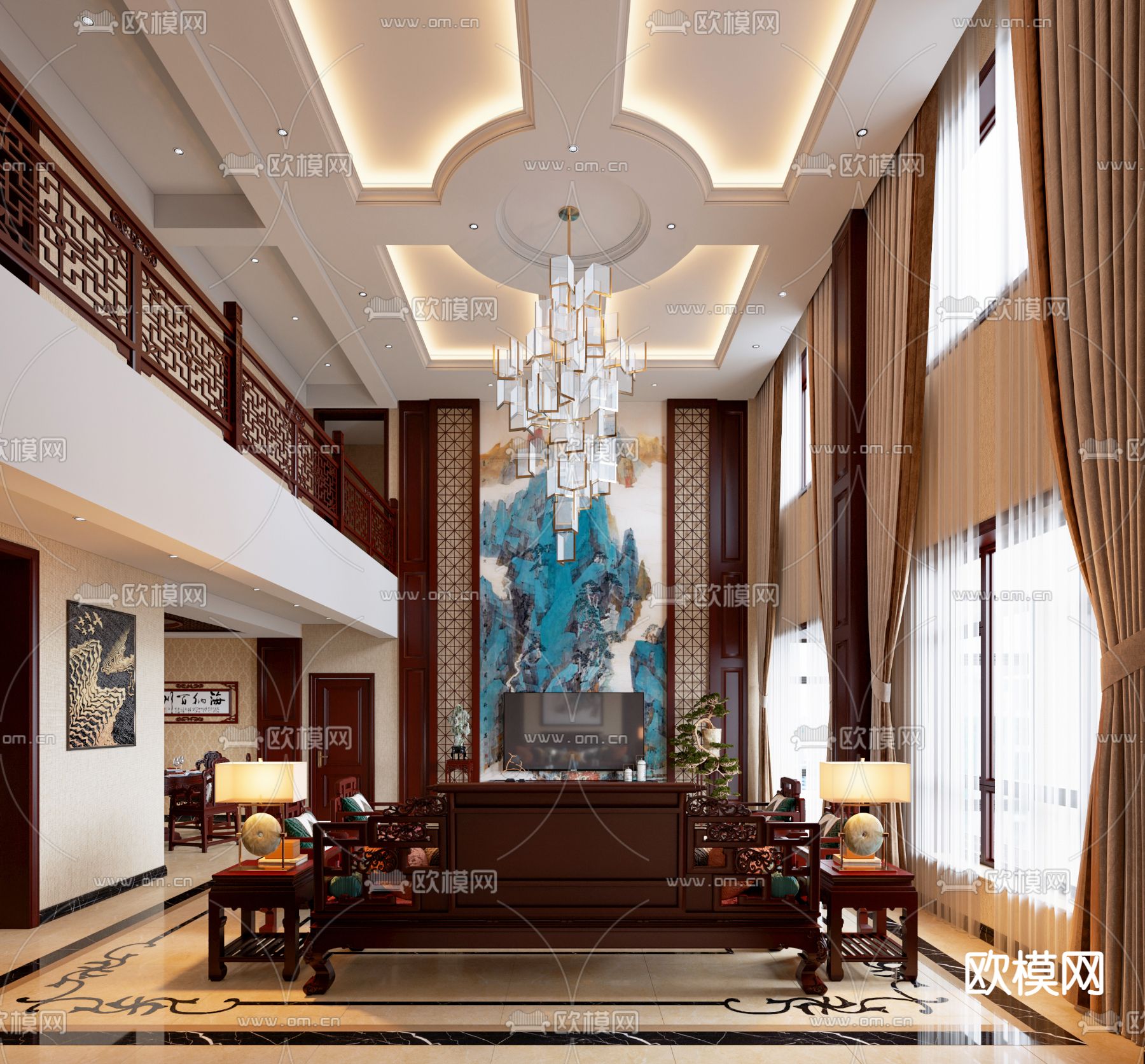 中式别墅大堂 餐厅3d模型下载_ID12276560_3dmax免费模型-欧模网