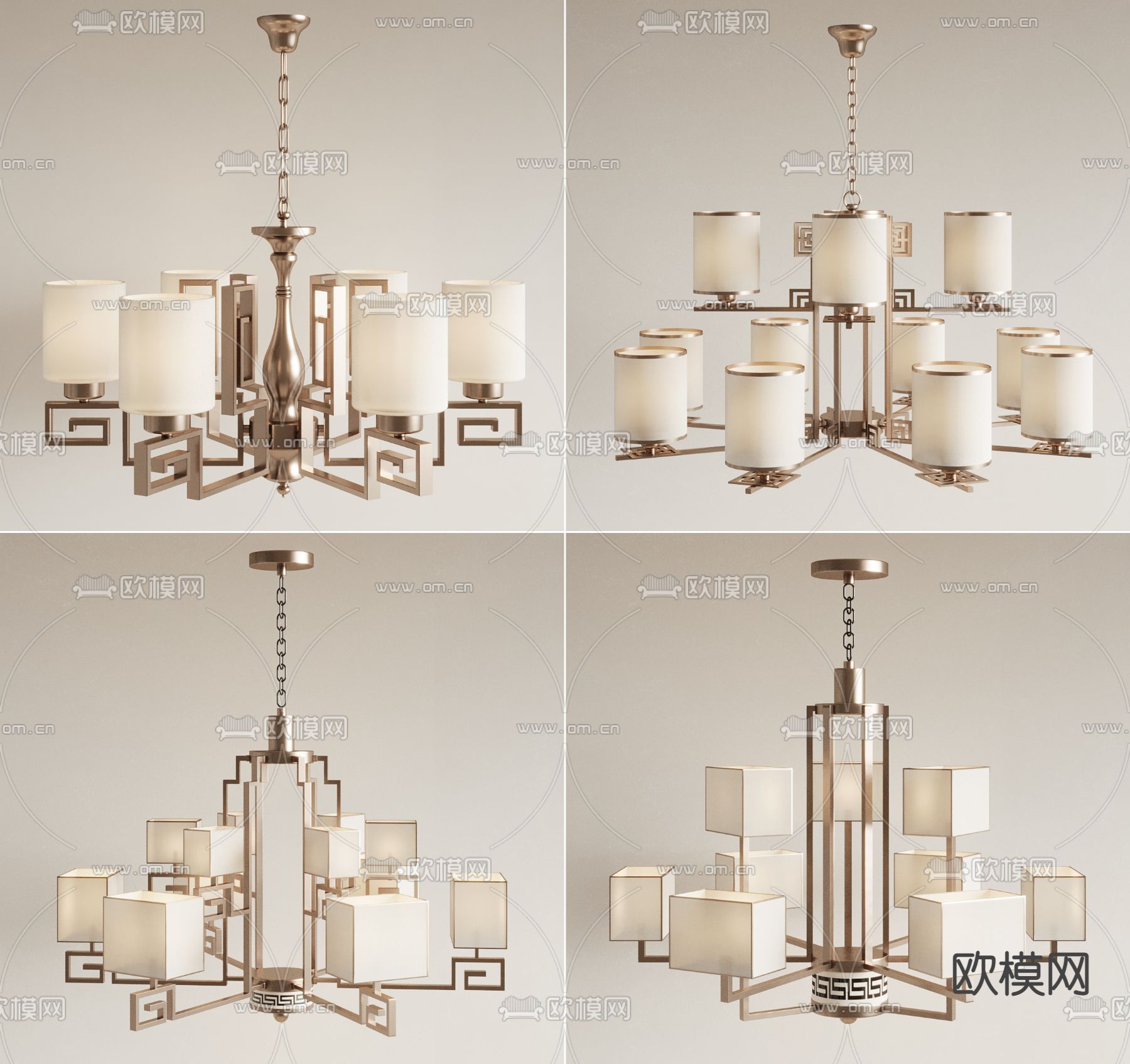 新中式多头吊灯3d模型下载