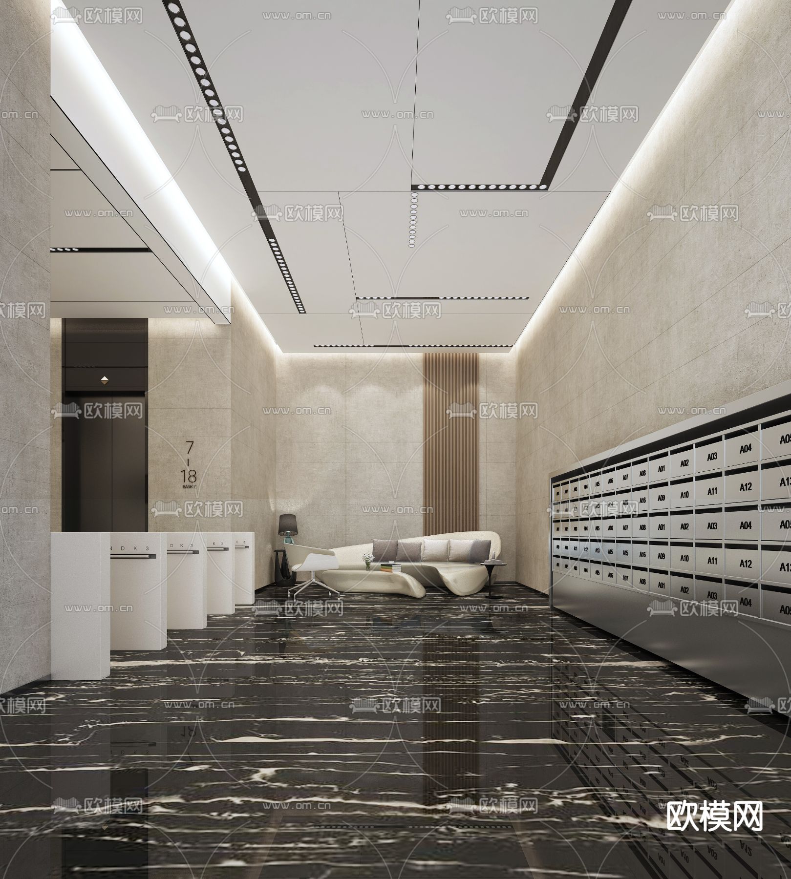 现代公寓电梯厅3d模型下载（渲染图3）