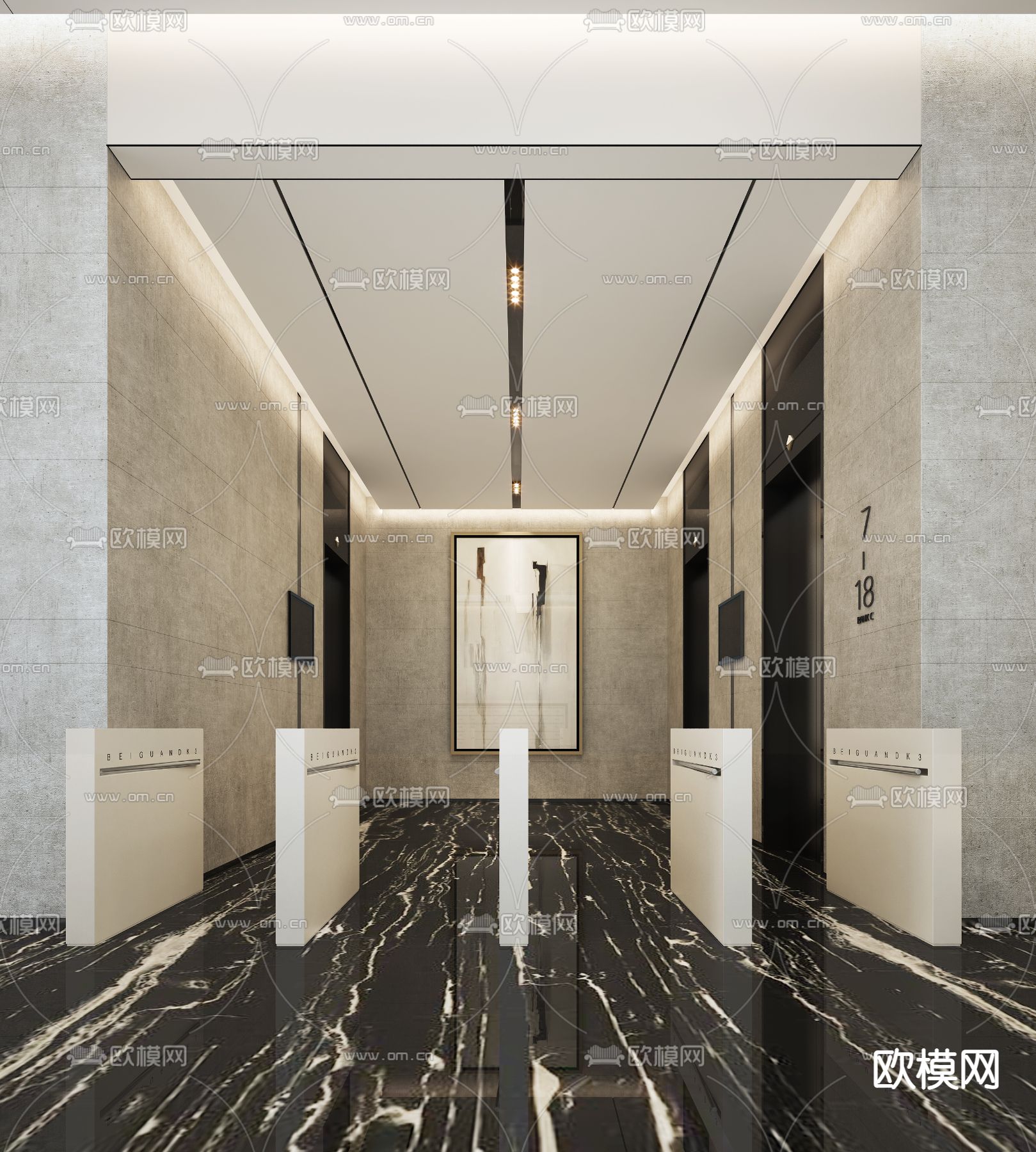 现代公寓电梯厅3d模型下载（渲染图1）