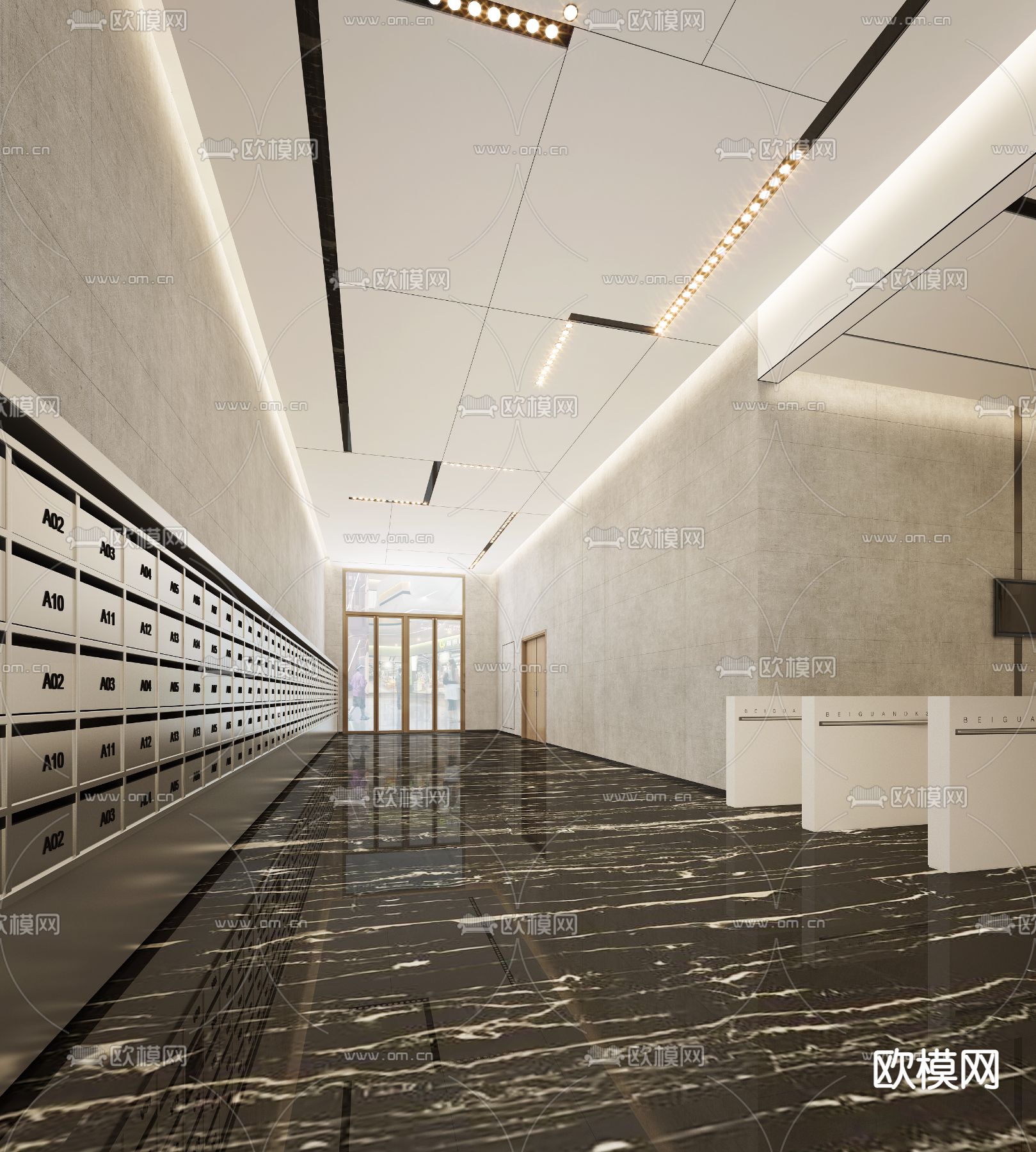 现代公寓电梯厅3d模型下载（渲染图2）