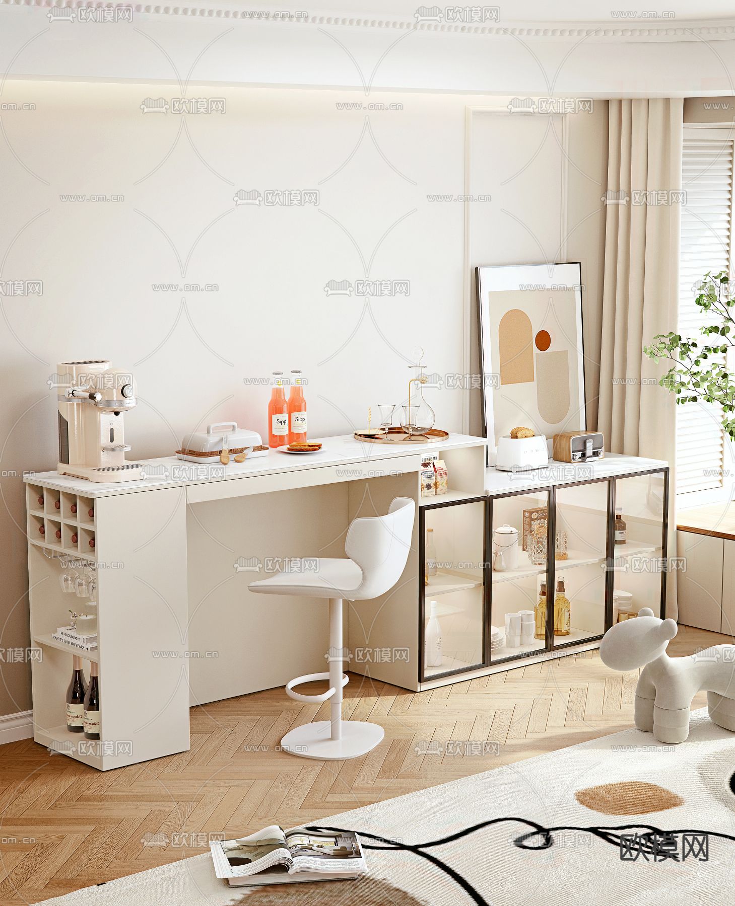 奶油风吧台 餐边柜3d模型下载