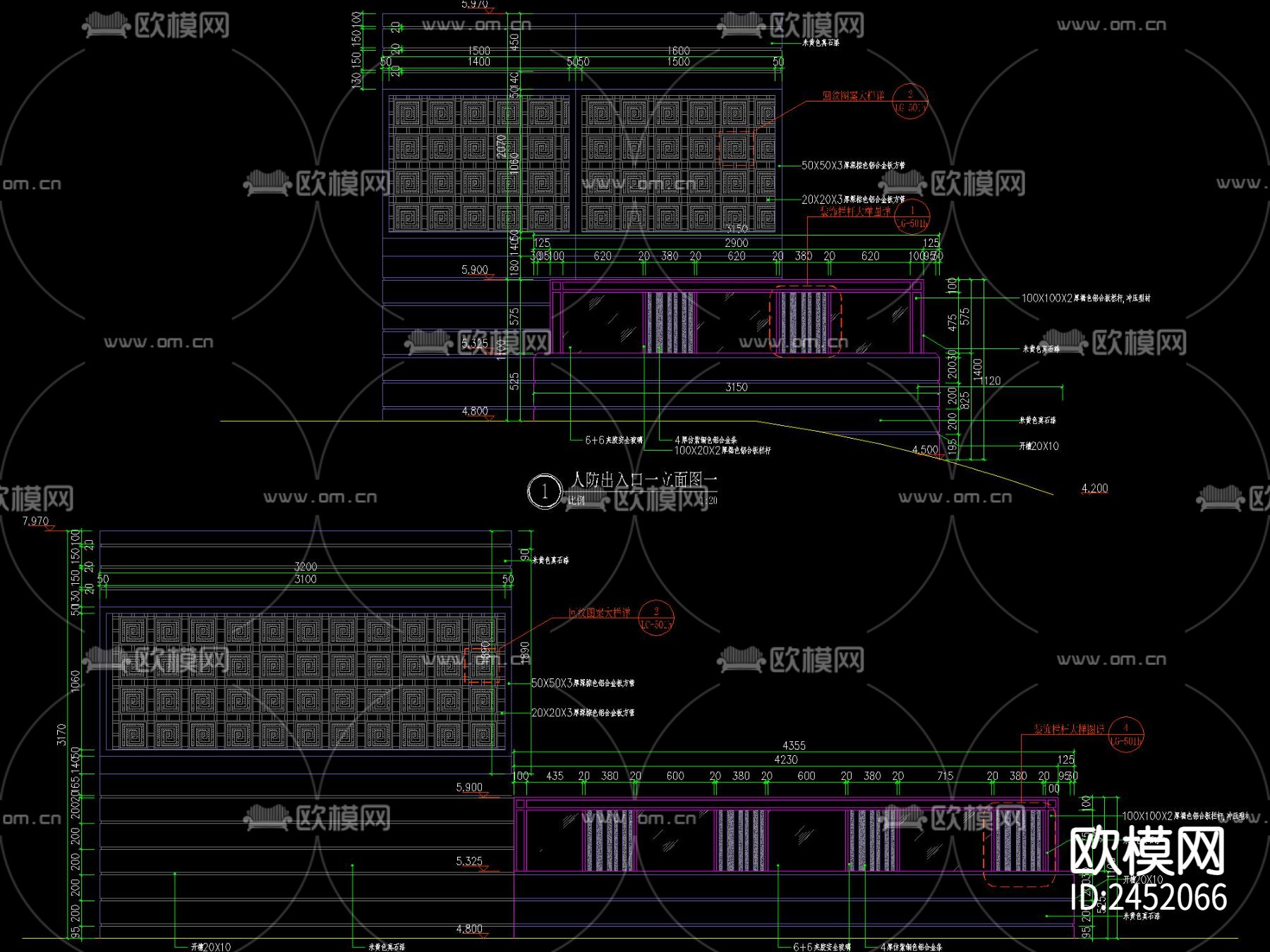 现代地产人防出入口廊架CAD施工图下载（渲染图1）