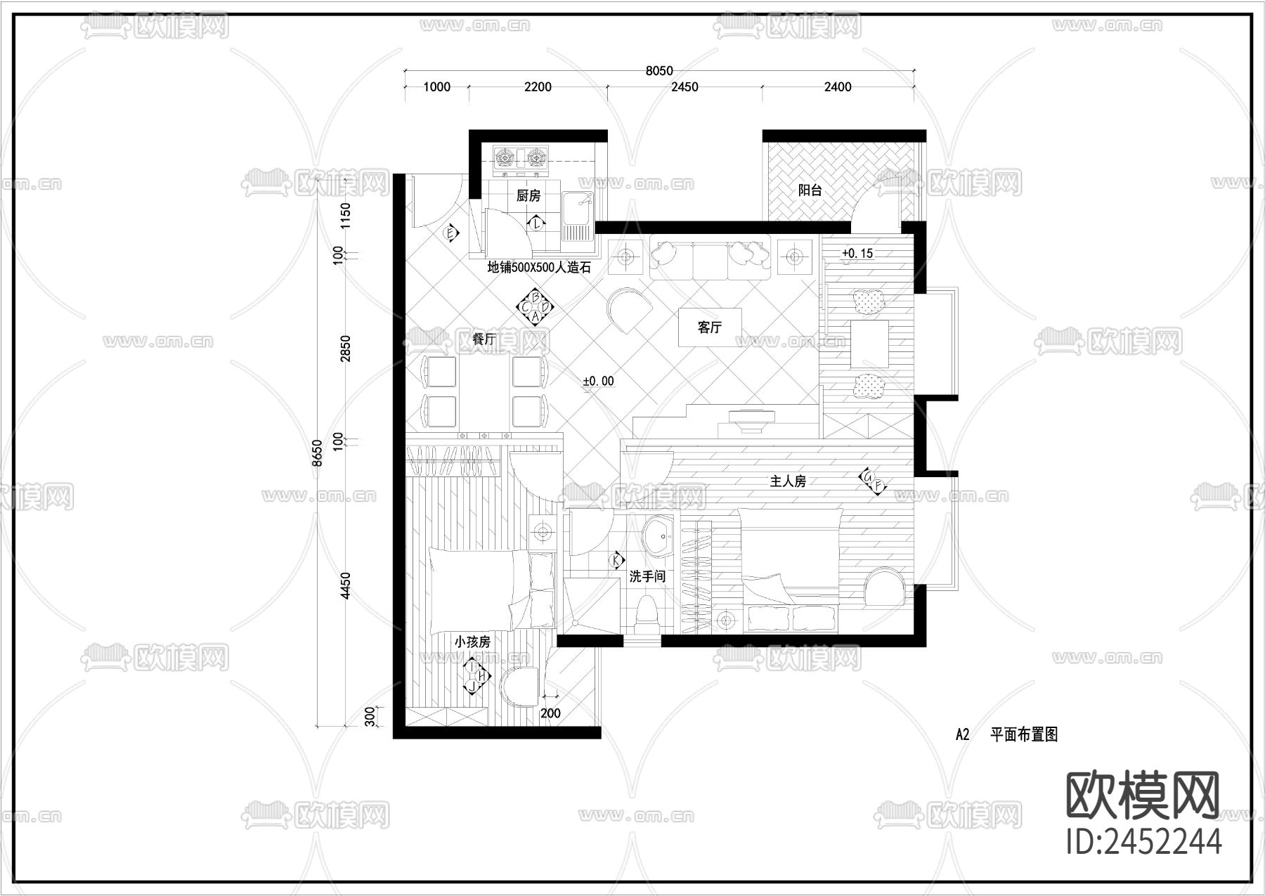 两室两厅样板房CAD施工图下载（渲染图1）