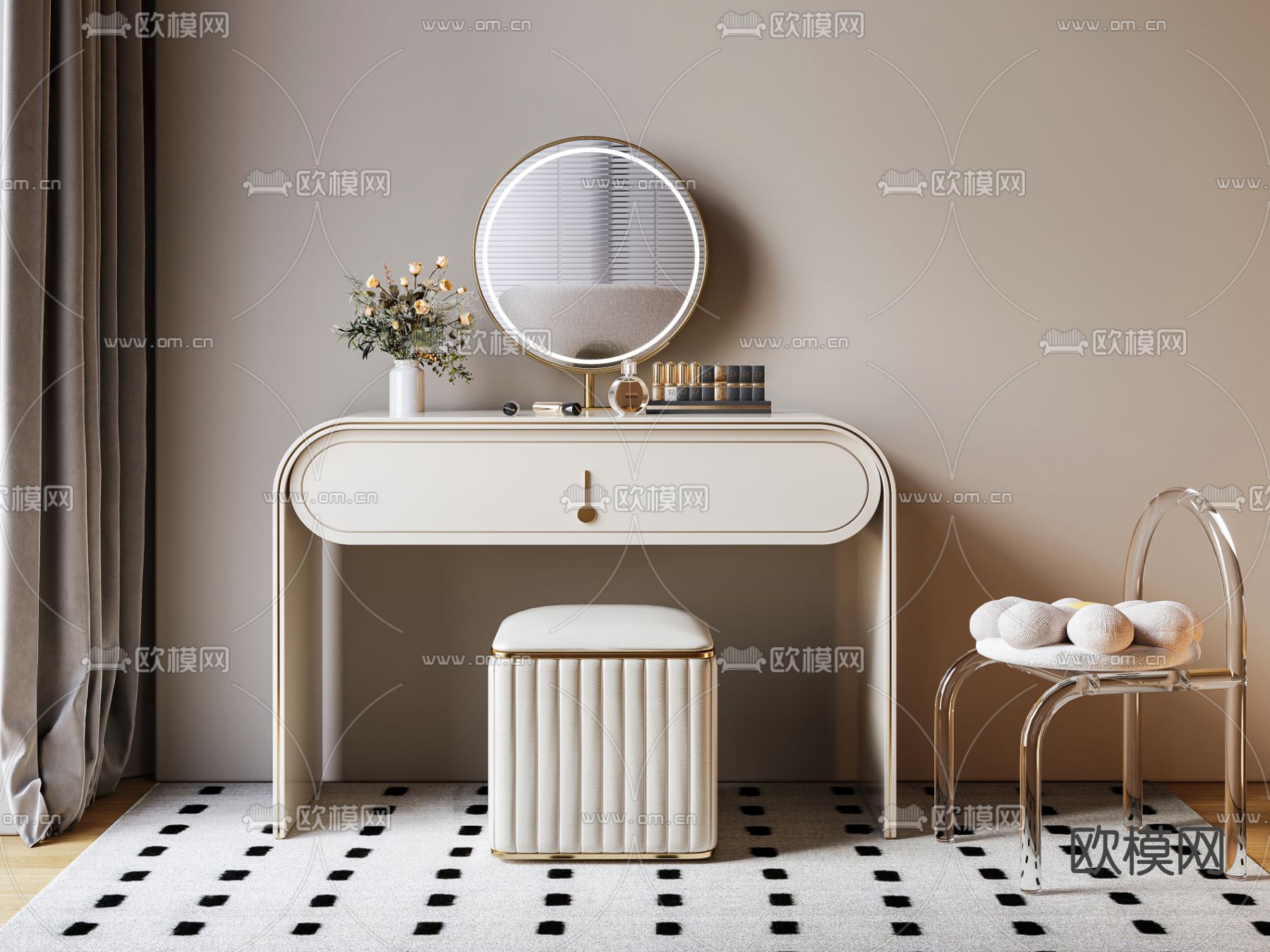 奶油风梳妆台 化妆台3d模型下载