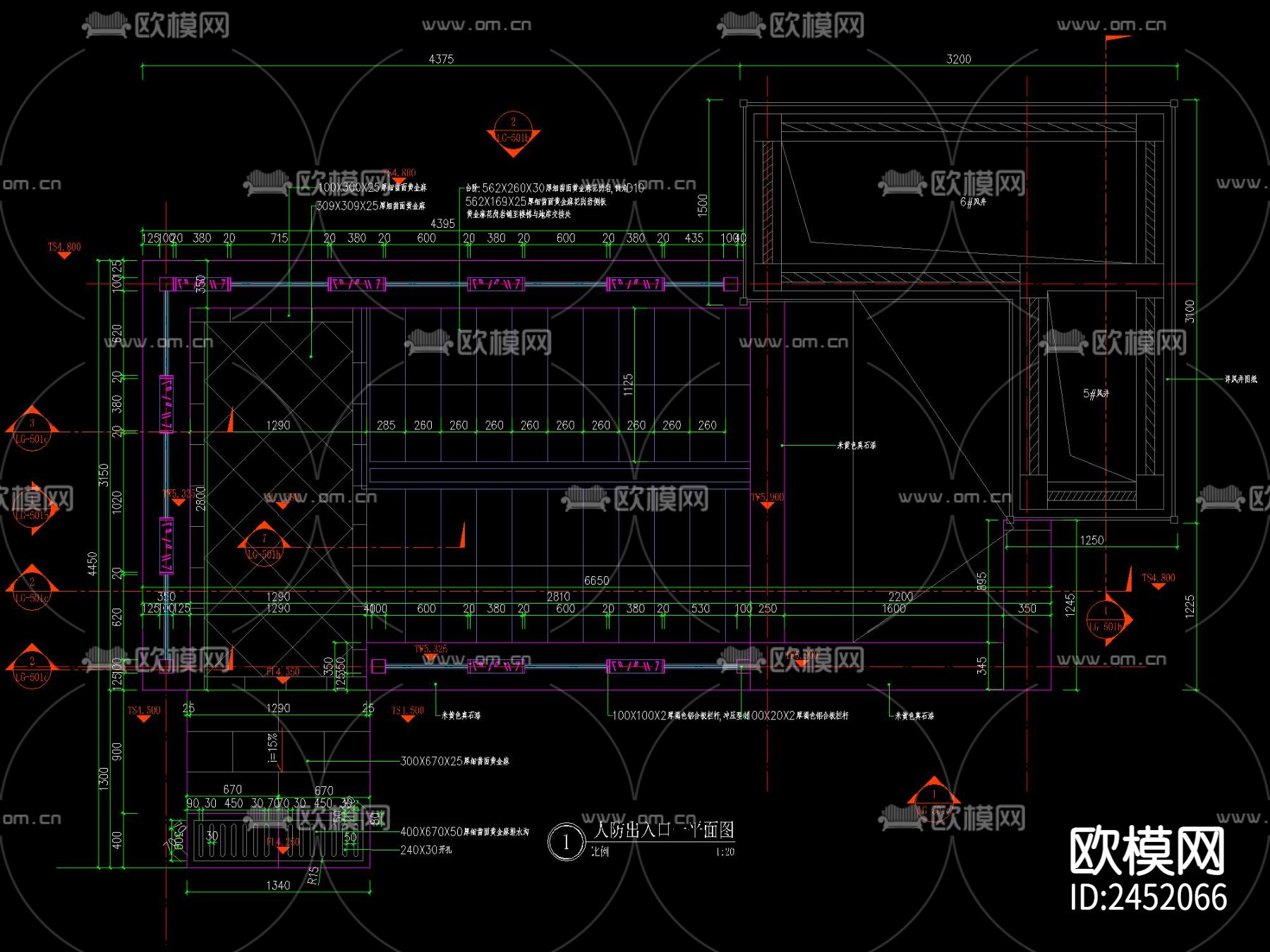 现代地产人防出入口廊架CAD施工图下载（渲染图3）