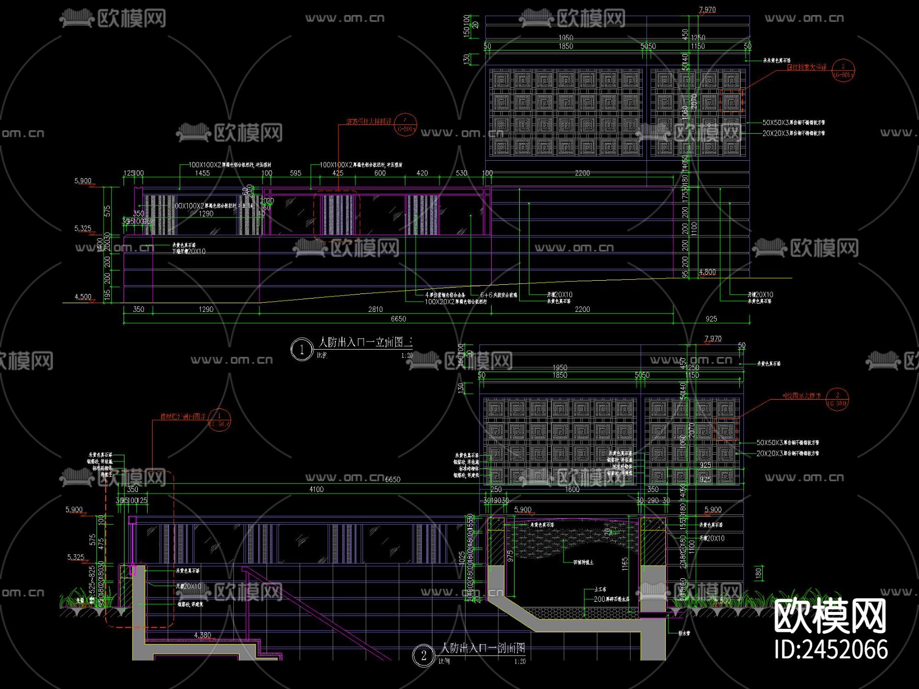 现代地产人防出入口廊架CAD施工图下载（渲染图2）