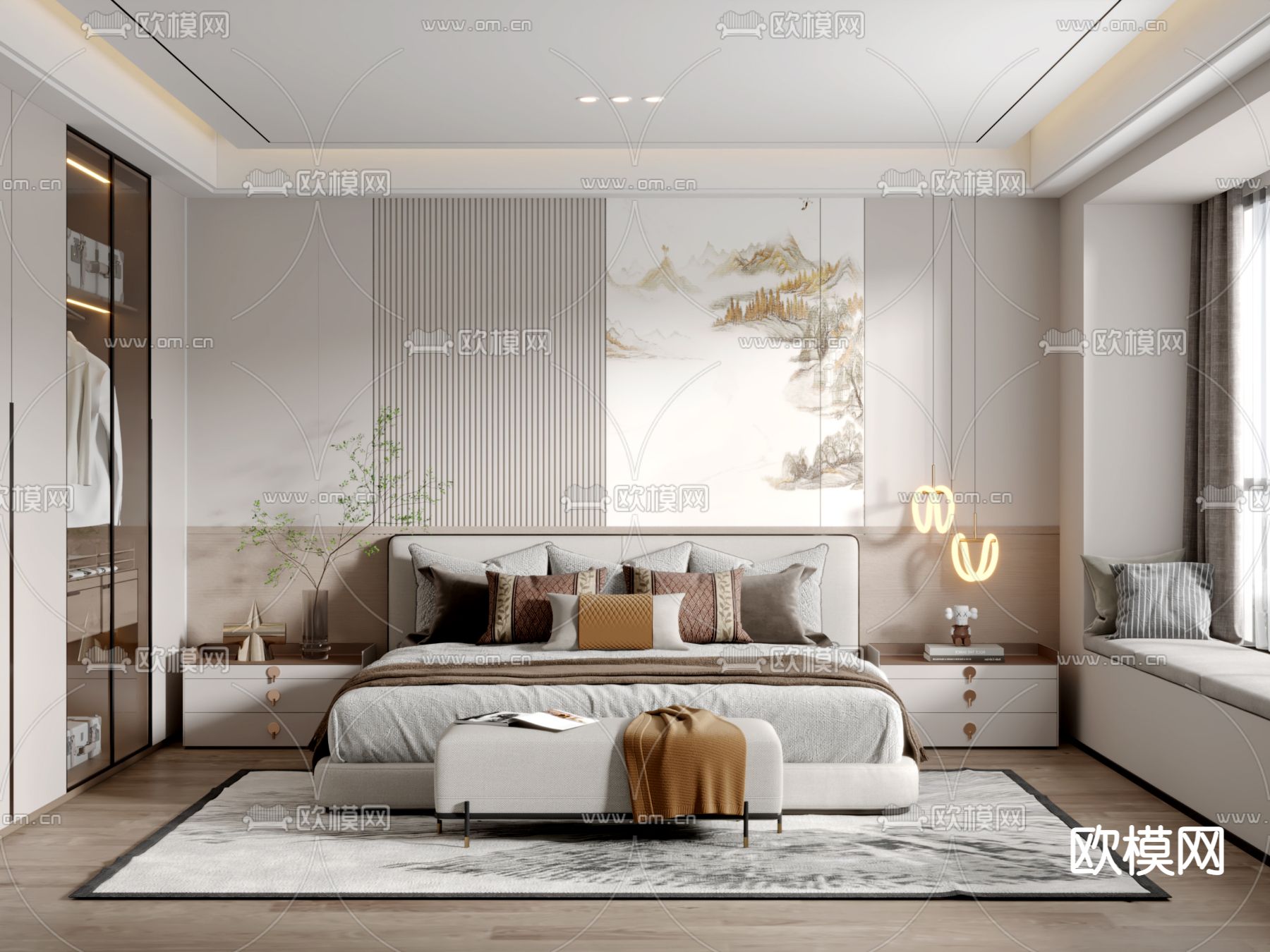 新中式卧室 主人房 主卧3d模型下载_ID12280327_3dmax免费模型-欧模网