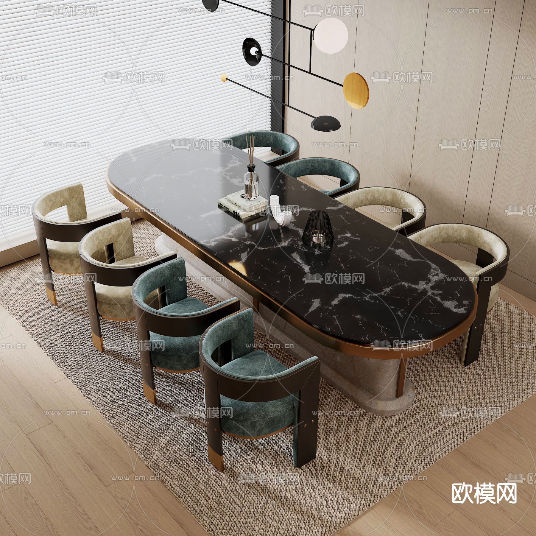 条形餐桌椅3d模型下载（渲染图1）