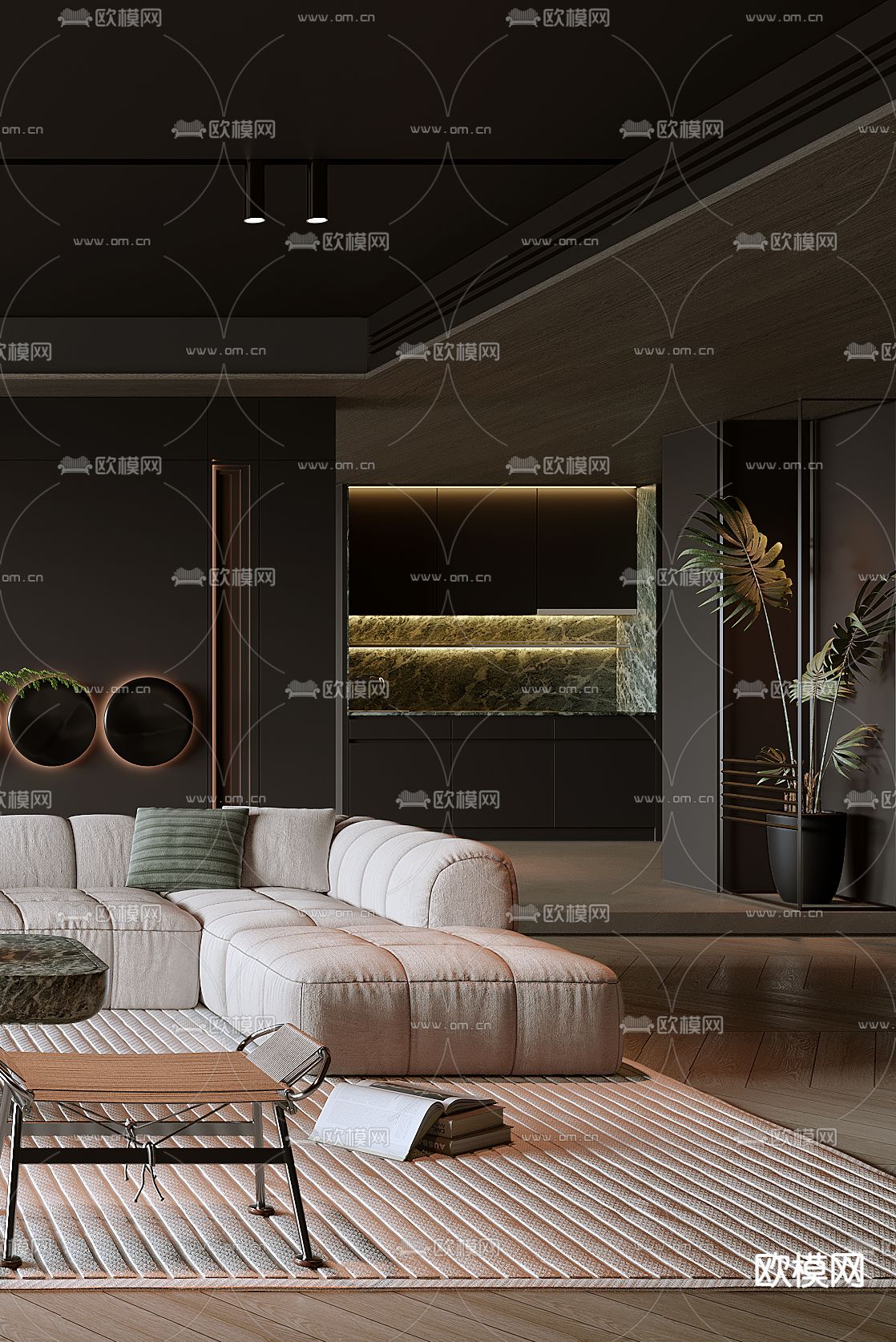 暗黑风客厅3d模型下载（渲染图2）