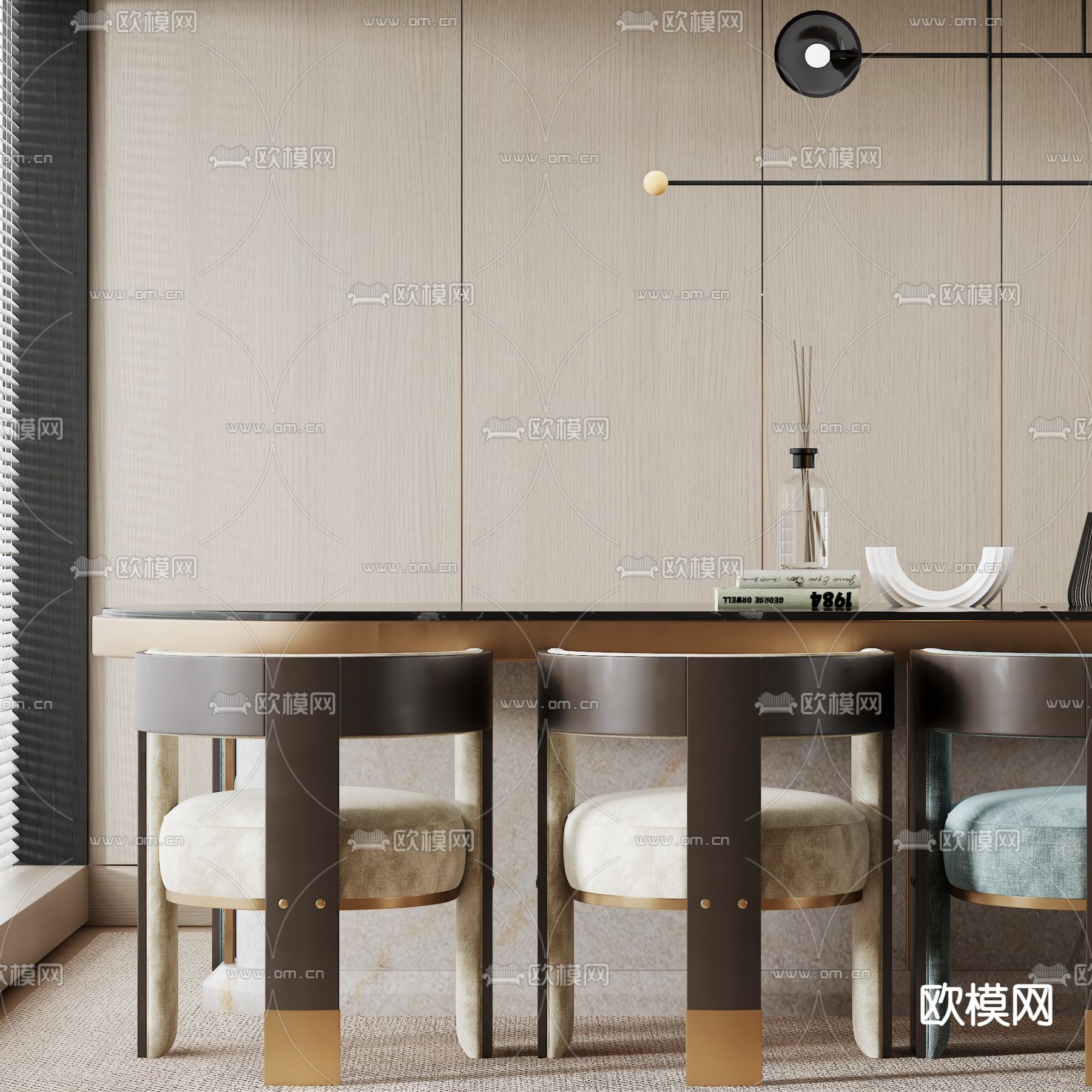 条形餐桌椅3d模型下载（渲染图2）