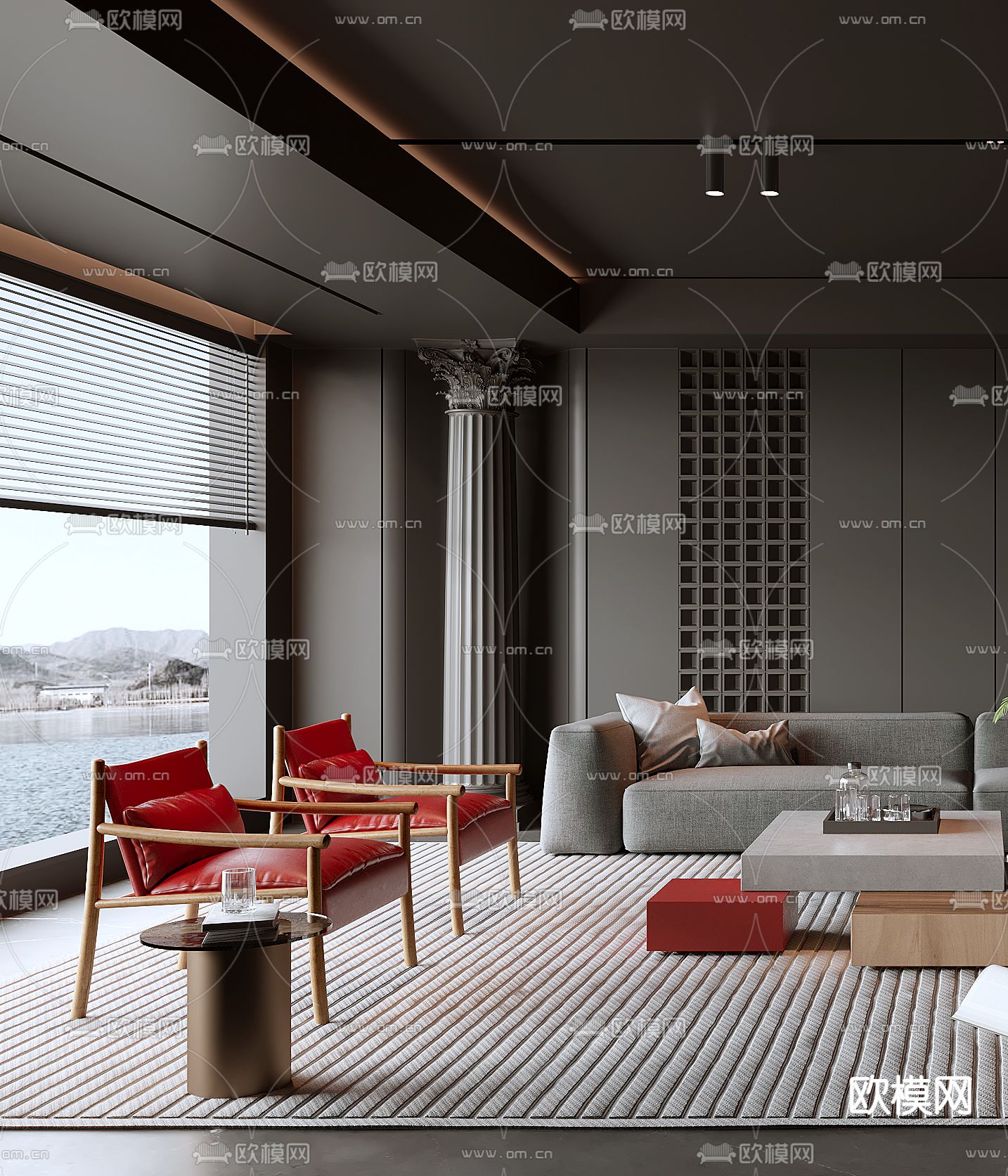 暗黑风客厅3d模型下载（渲染图2）