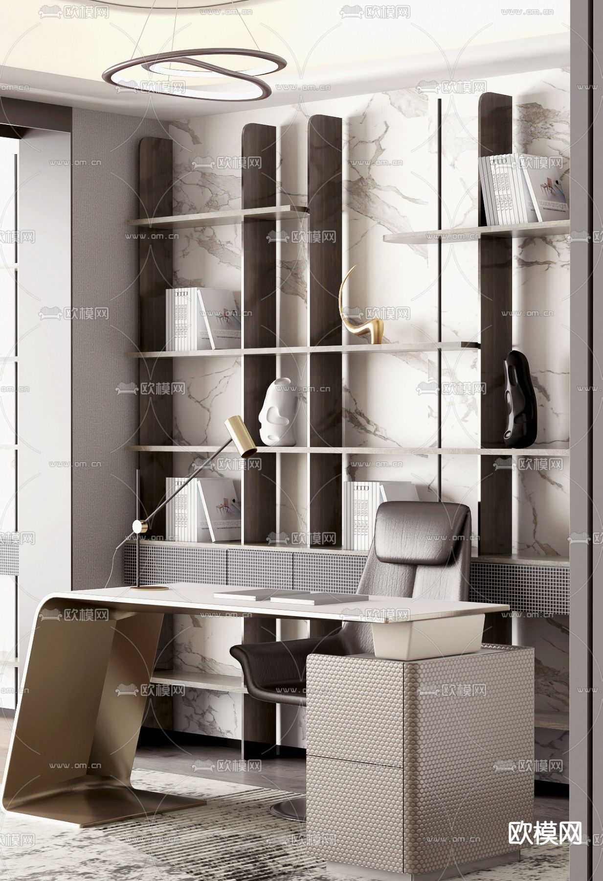 大森设计 现代书房3d模型下载（渲染图1）