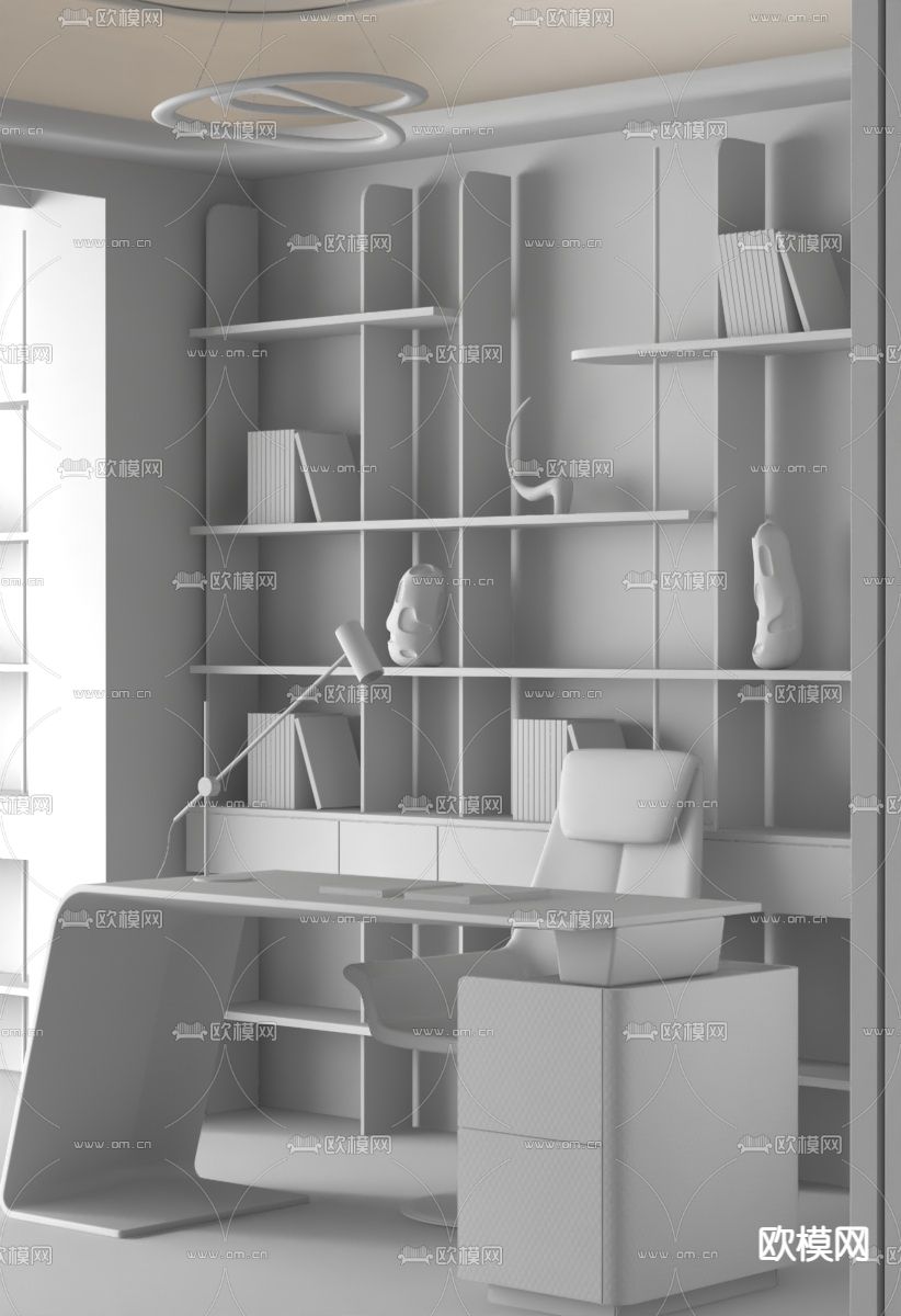 大森设计 现代书房3d模型下载（渲染图2）