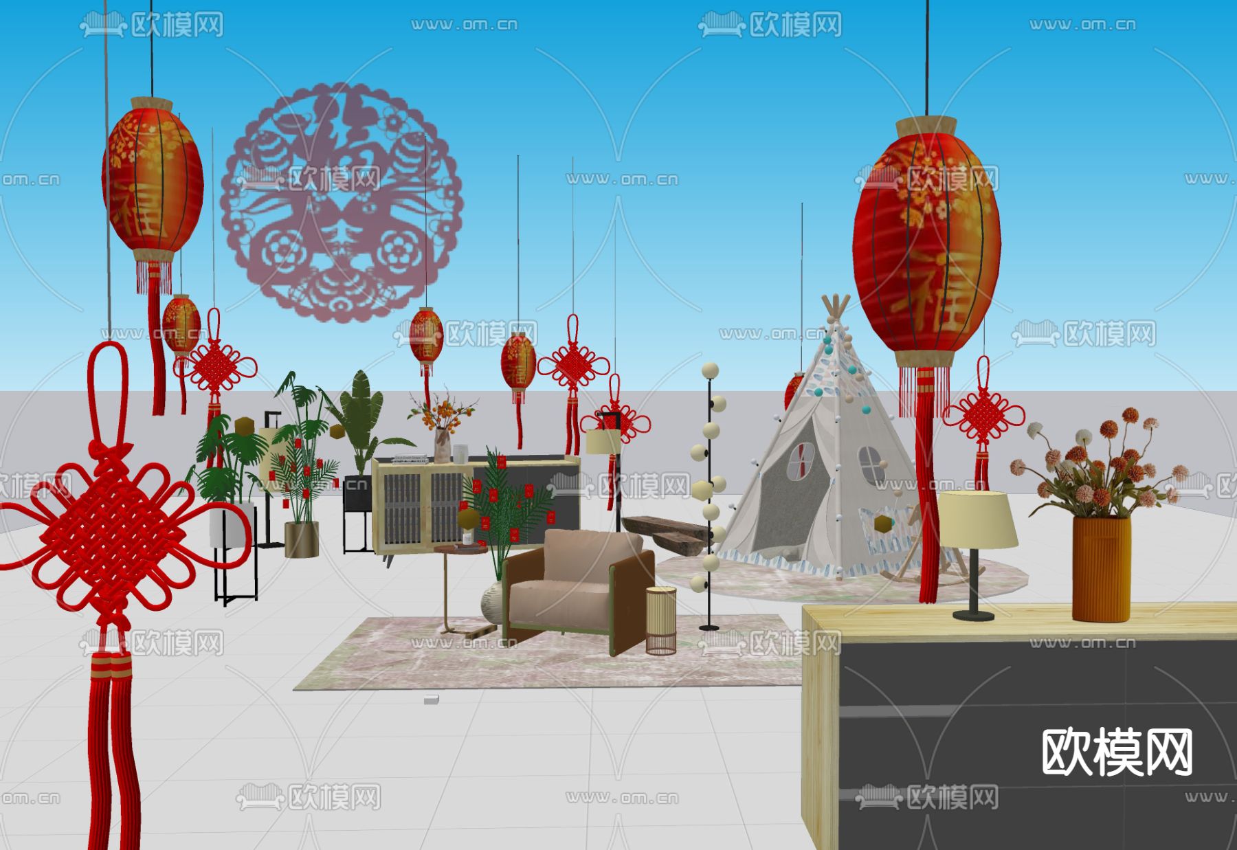 过年场景 摄影棚su模型