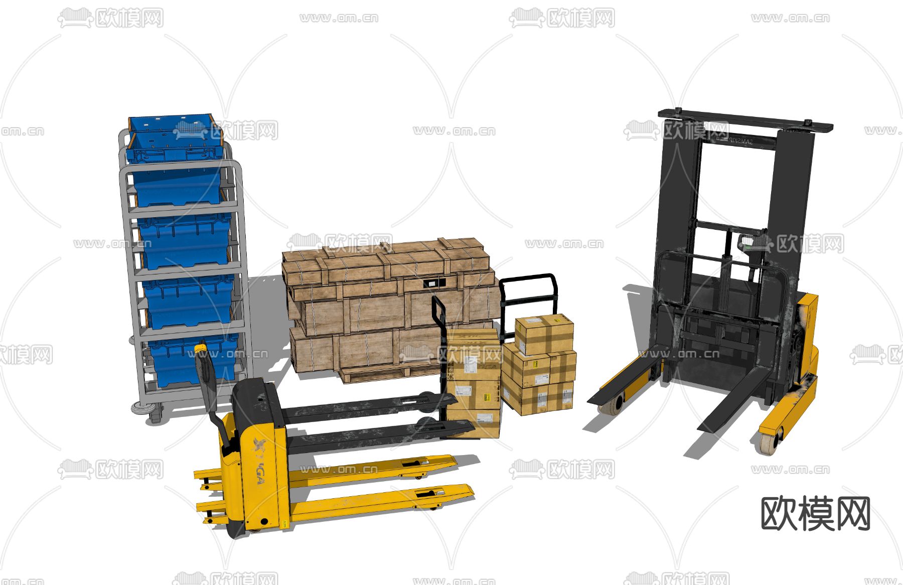 现代仓库货架 纸箱 叉车su模型下载（渲染图2）