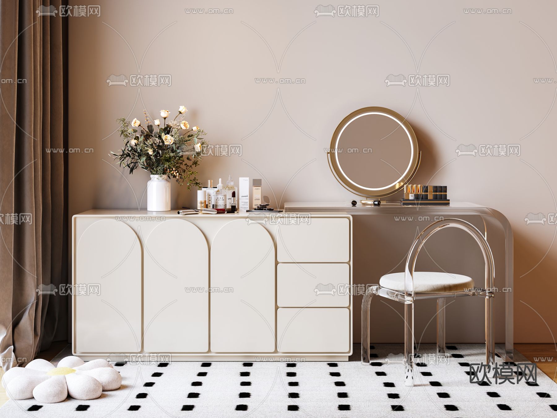 奶油风梳妆台3d模型下载