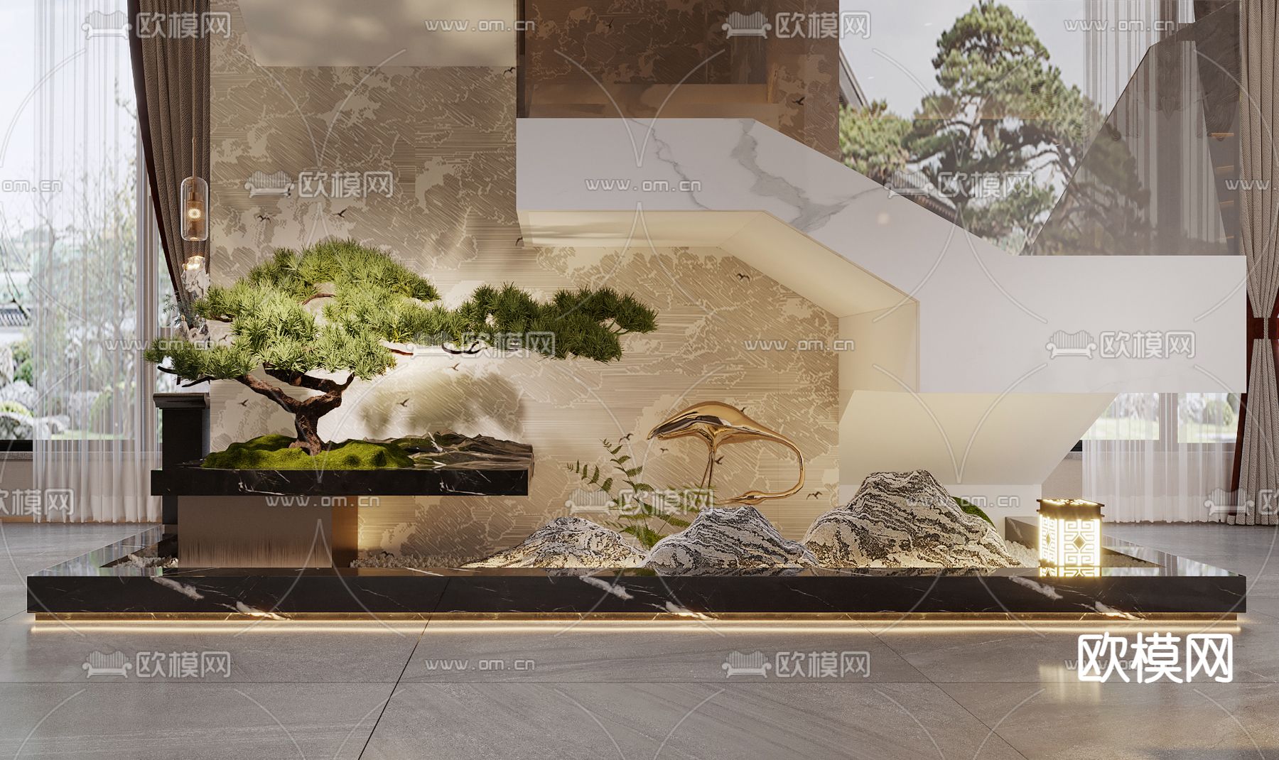 新中式玄关绿植 造景小品3d模型