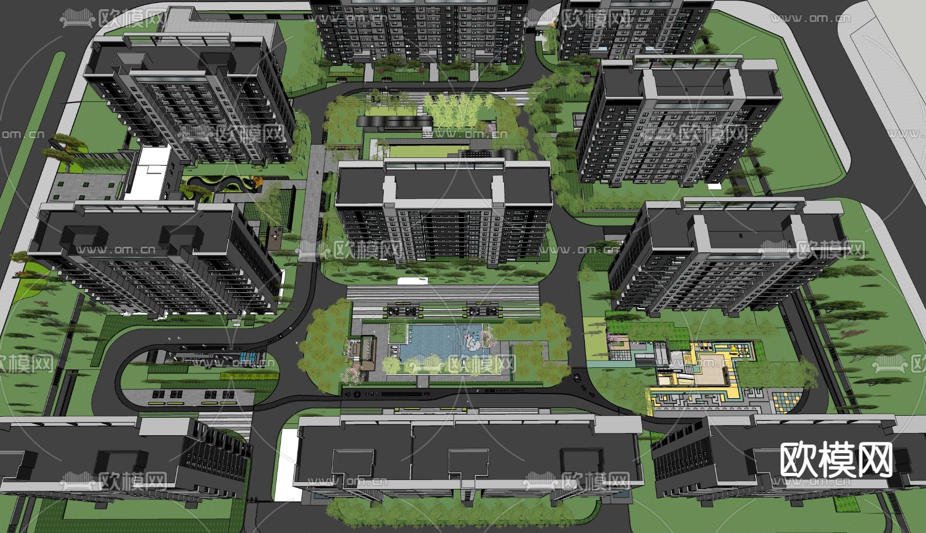 现代居住区鸟瞰su模型下载（渲染图1）