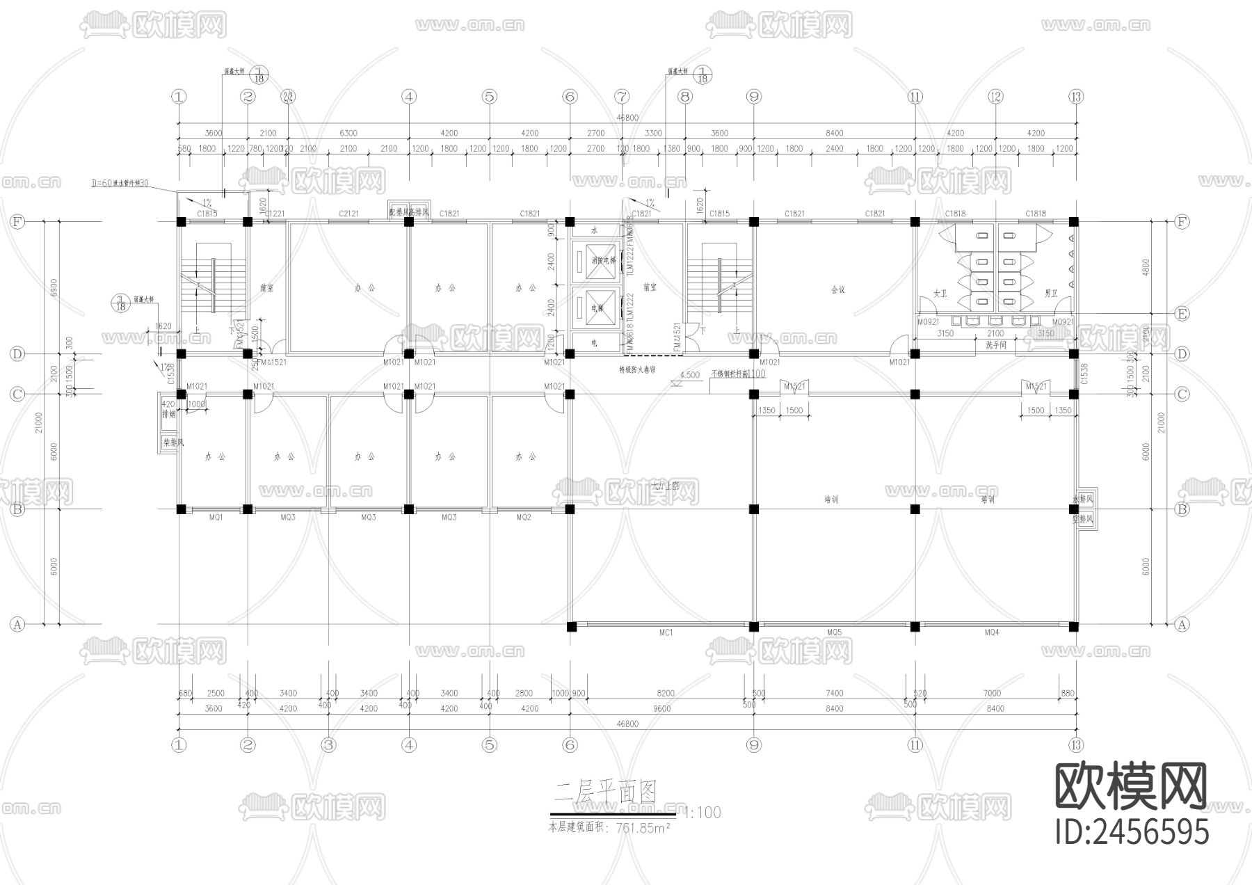 九层办公楼cad平面图下载（渲染图3）