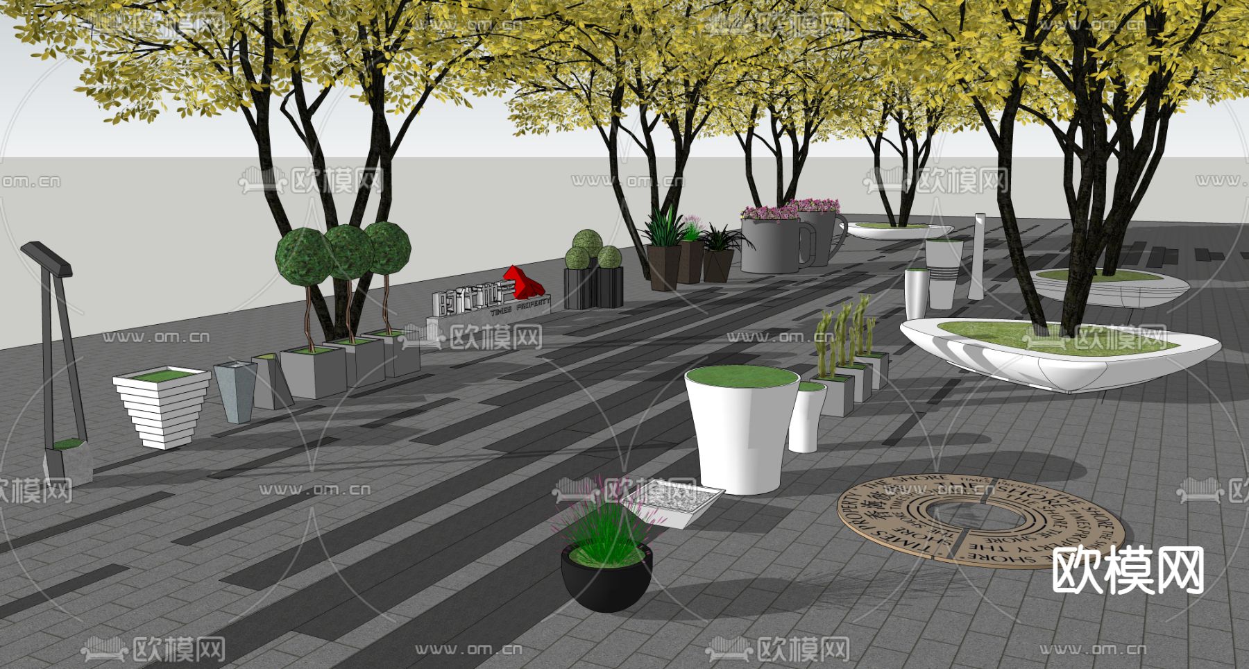 树池 花箱 花钵组合su模型下载（渲染图2）